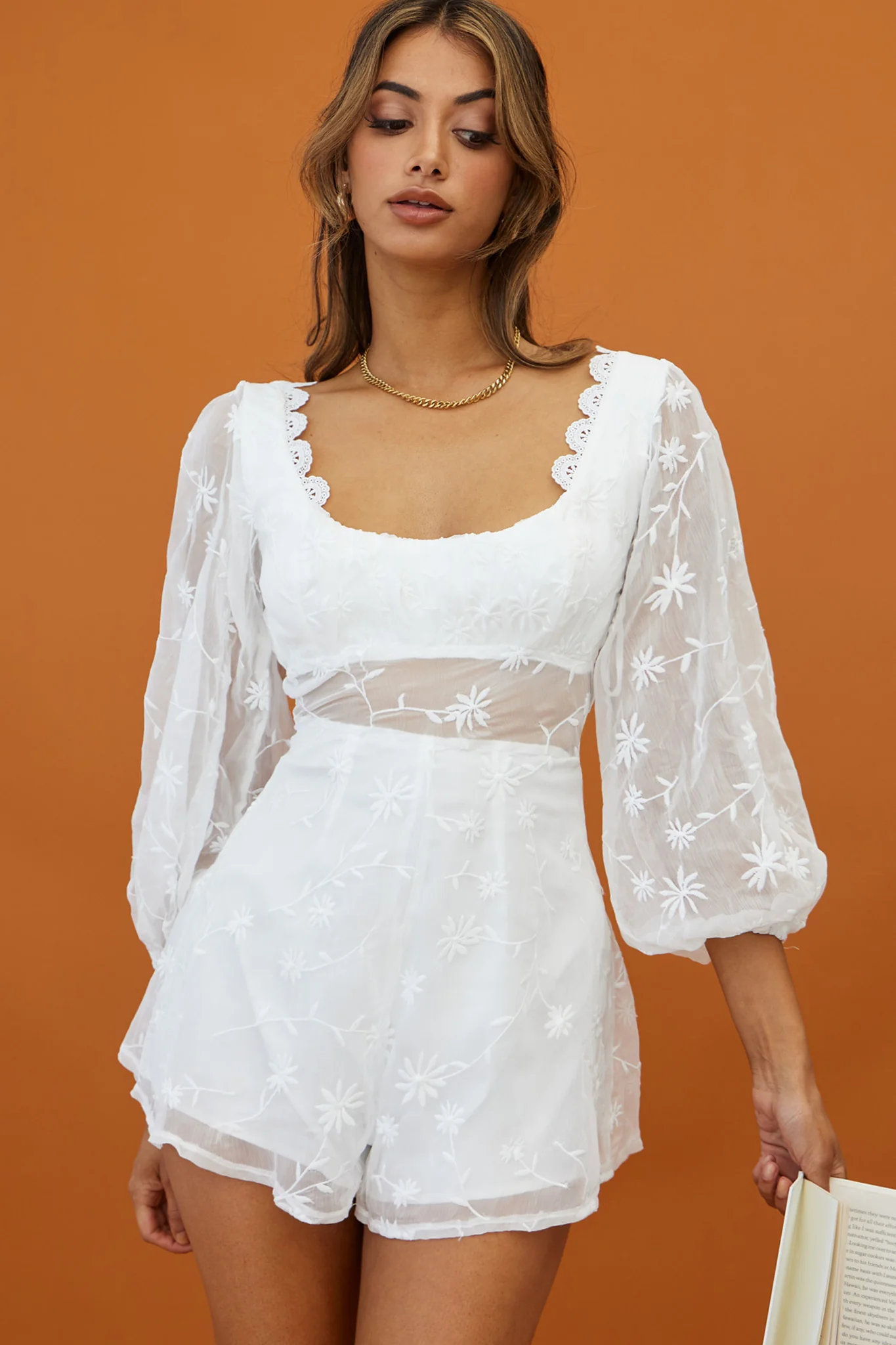 Delphine Balloon Sleeve Open Back Floral Embroidery Romper White - Sonourner