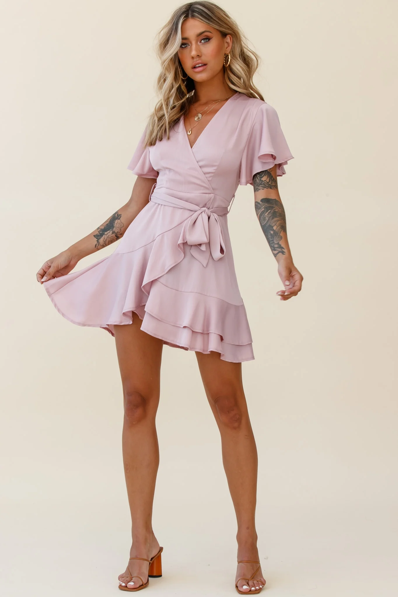 Cami Angel Sleeve Faux Wrap Dress Blush - Sonourner