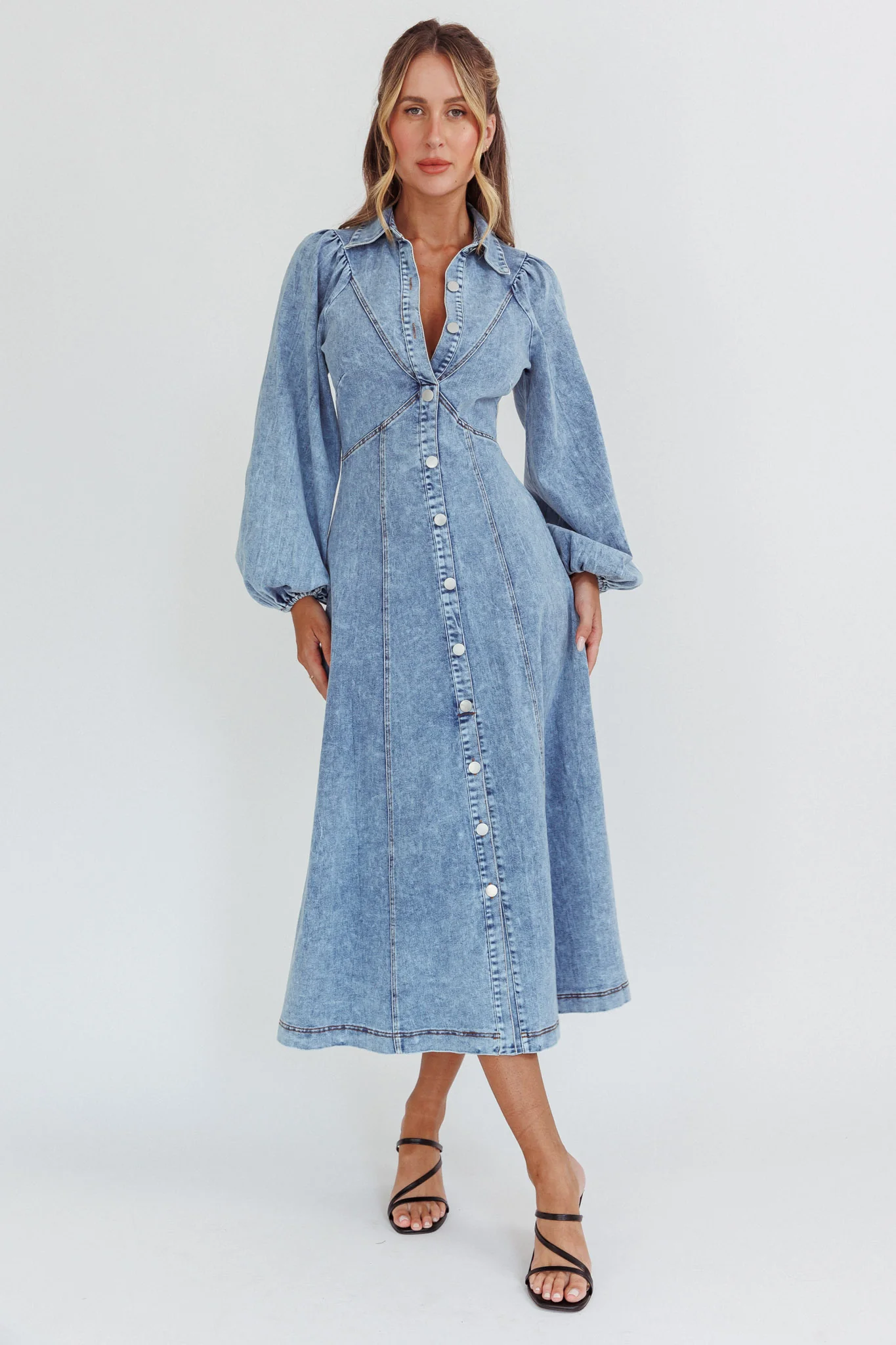 Ania Long Balloon Style Midi Dress Denim Blue - Sonourner