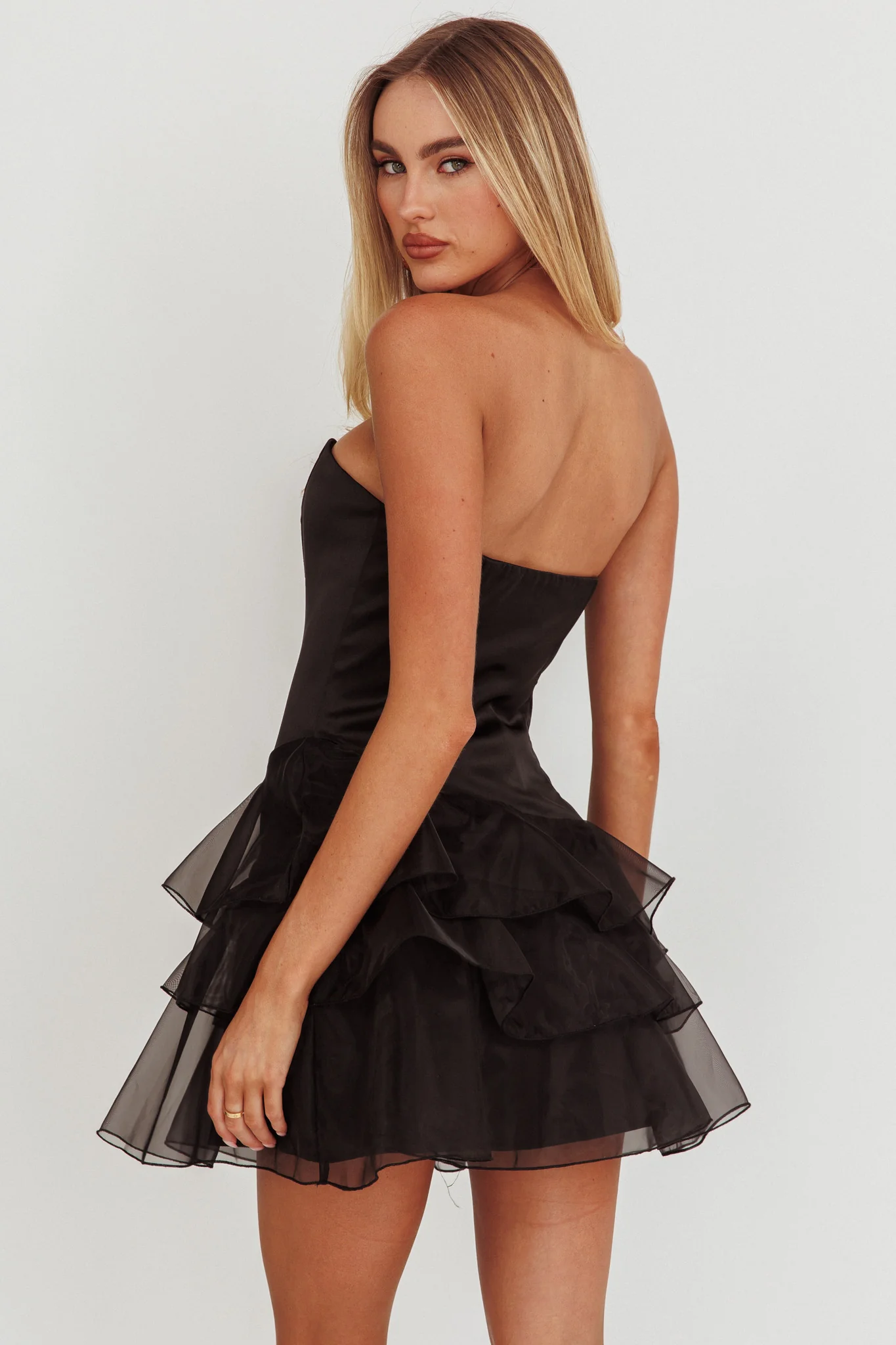 Bless Strapless Organza Ruffle Mini Dress Black - Sonourner