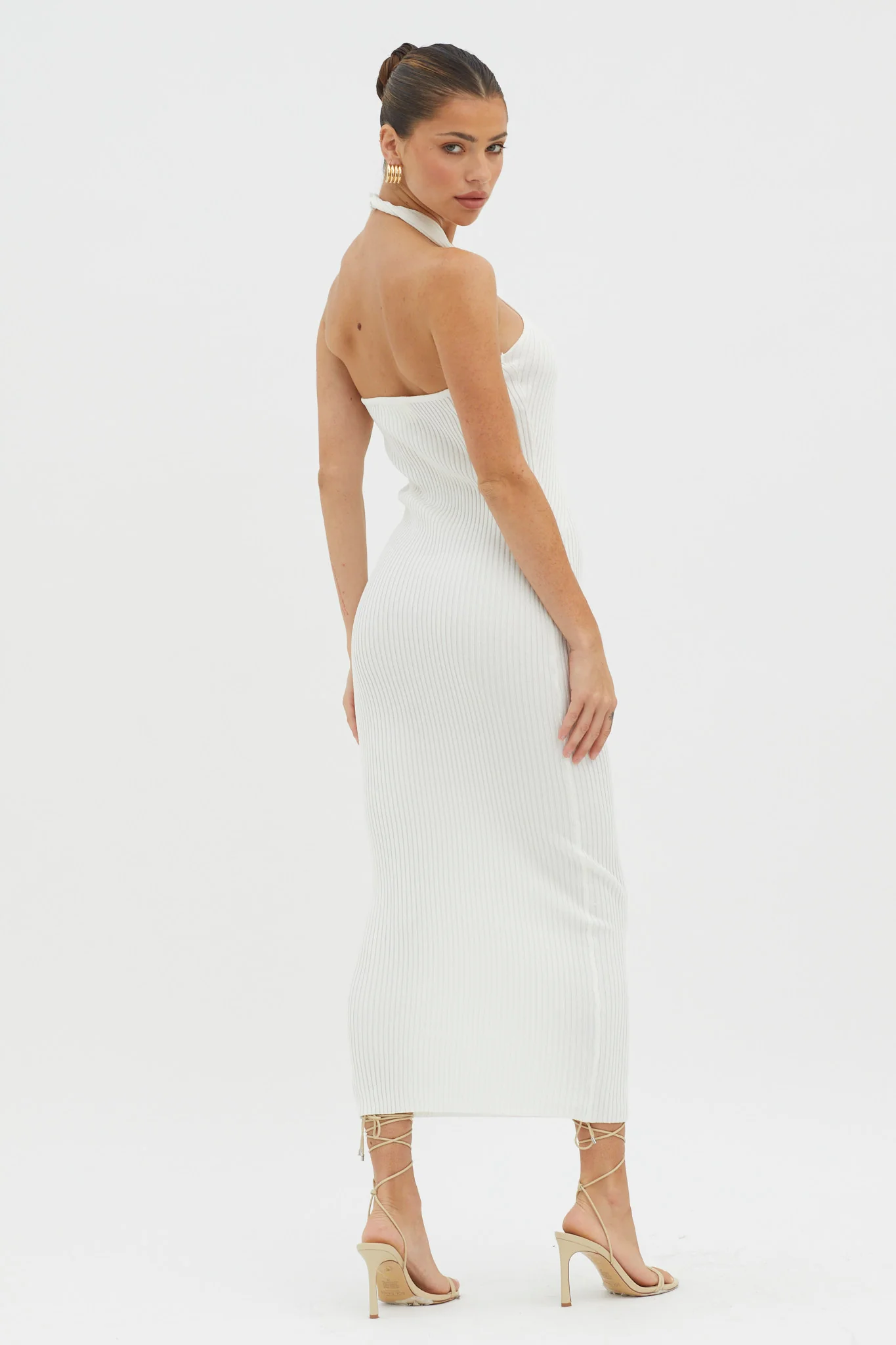 Lovelock Halterneck Ribbed Knit Midi Dress White - Sonourner