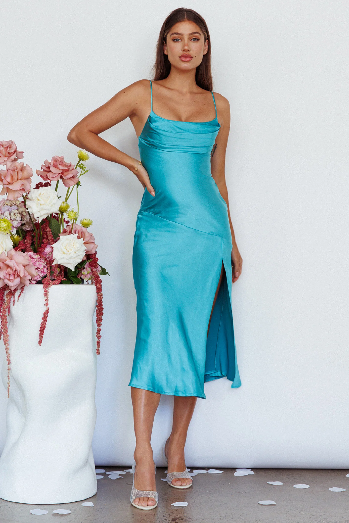 Well Versed Pleated Bust Front Split Dress Aqua - Sonourner