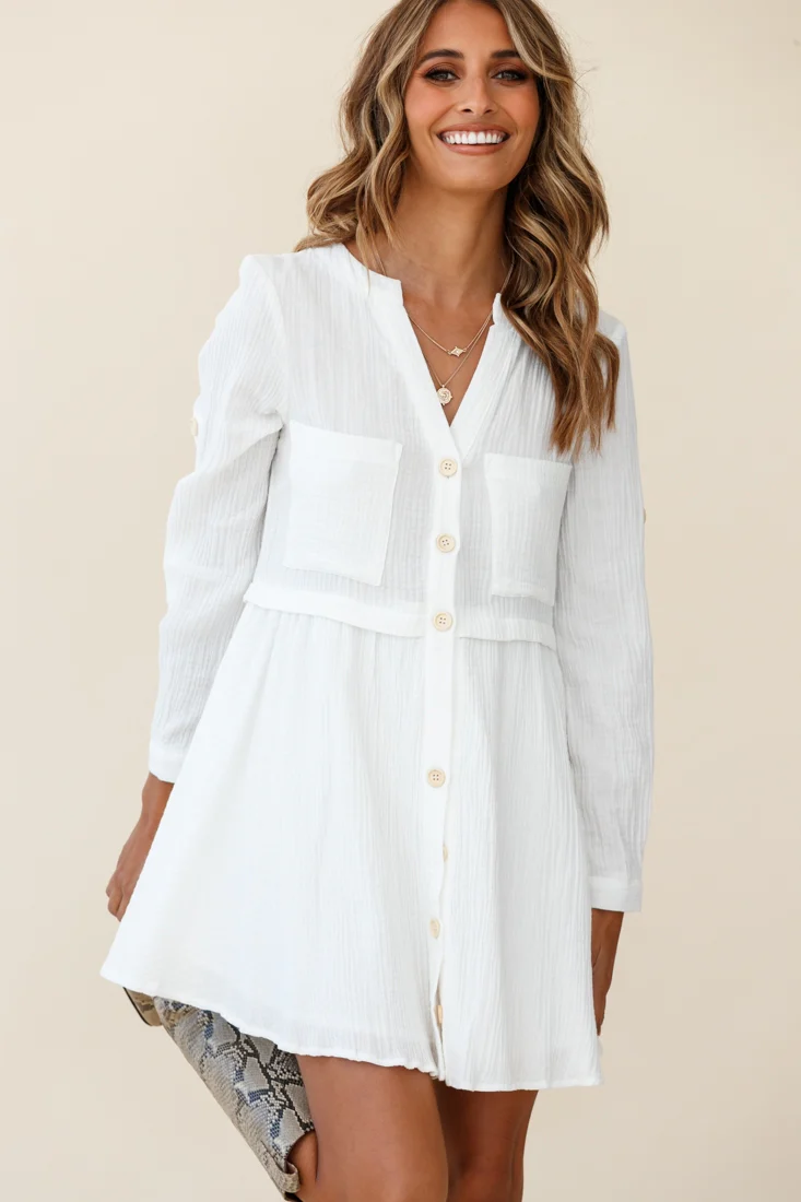 Holly Long Sleeve Double Pocket Shirt Dress White - Sonourner