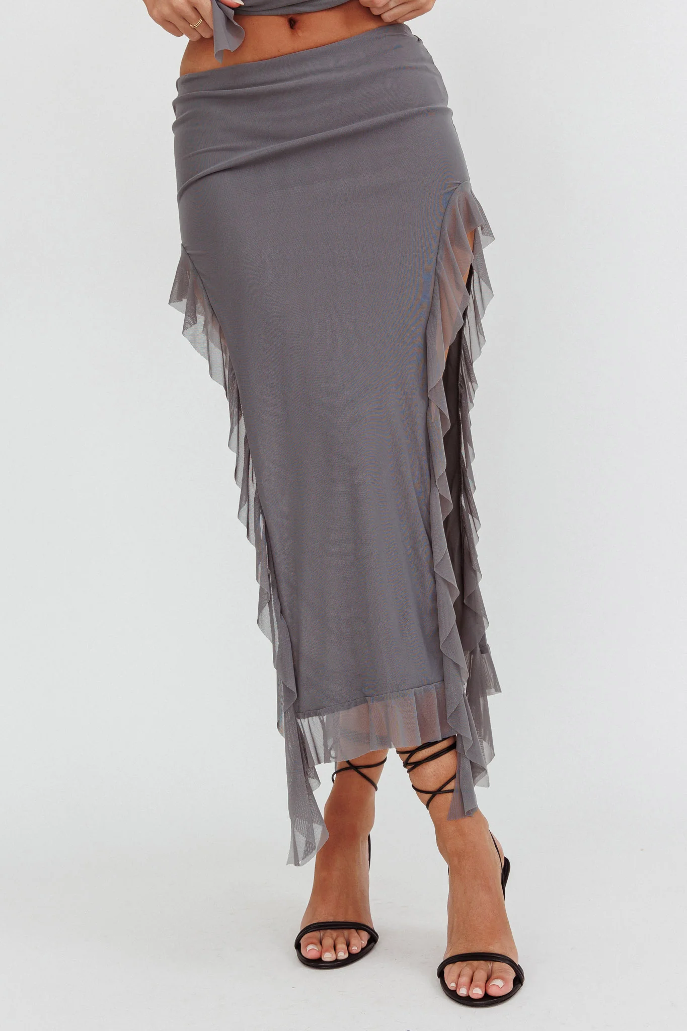 Hallucination Side Split Ruffle Midi Skirt Cement - Sonourner