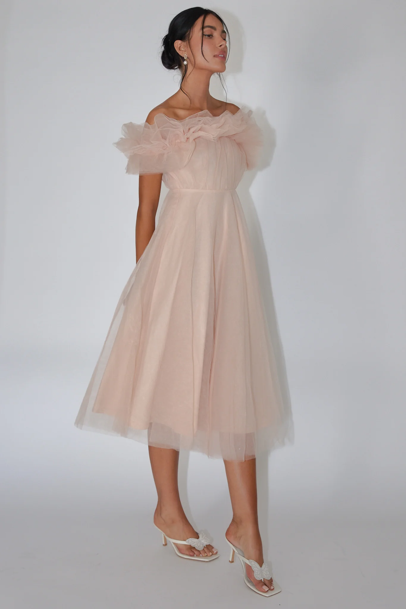 May Rose Off-Shoulder Tulle Midi Dress Taupe - Sonourner