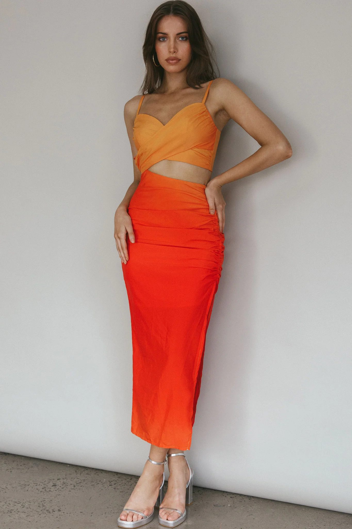 Heart On Fire Cut-Out Waist Midi Dress Orange/Red - Sonourner