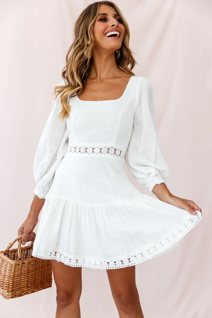 Sweetheart Corset-Back Lantern Sleeve Dress White - Sonourner