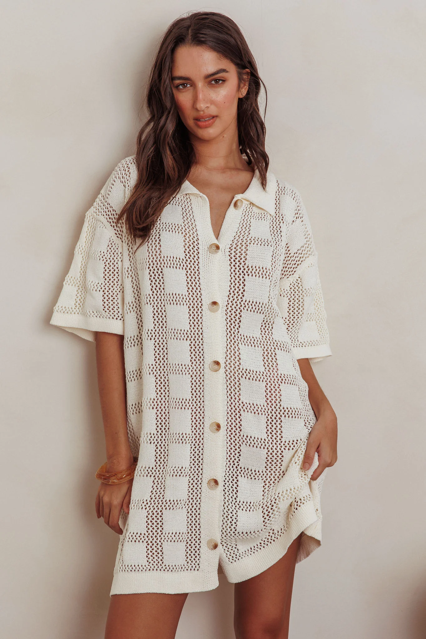 Best Friend Knit Shirt Dress Beige - Sonourner