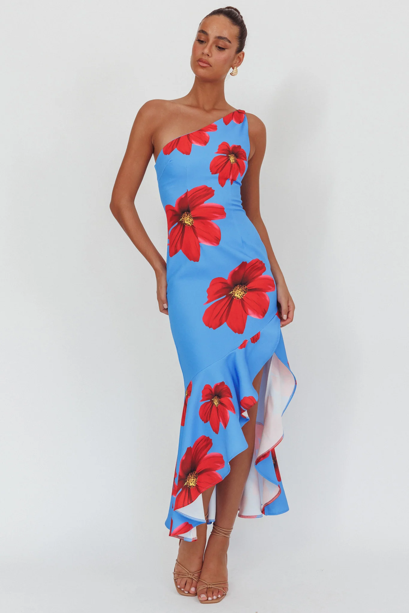 Lights On One-Shoulder Ruffle Hem Maxi Dress Floral Blue - Sonourner
