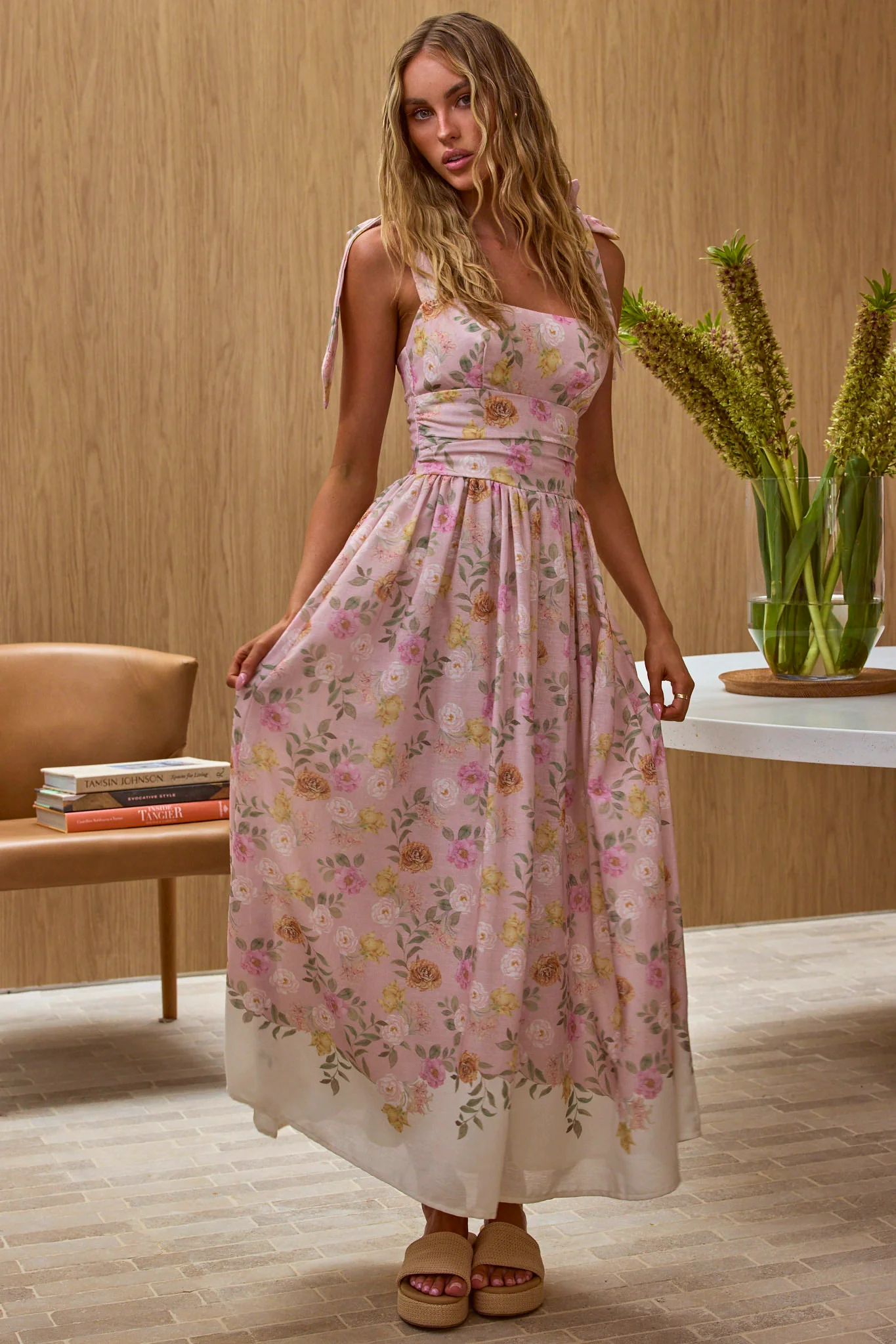 Dua Tied Shoulder Maxi Dress Floral Peach - Sonourner