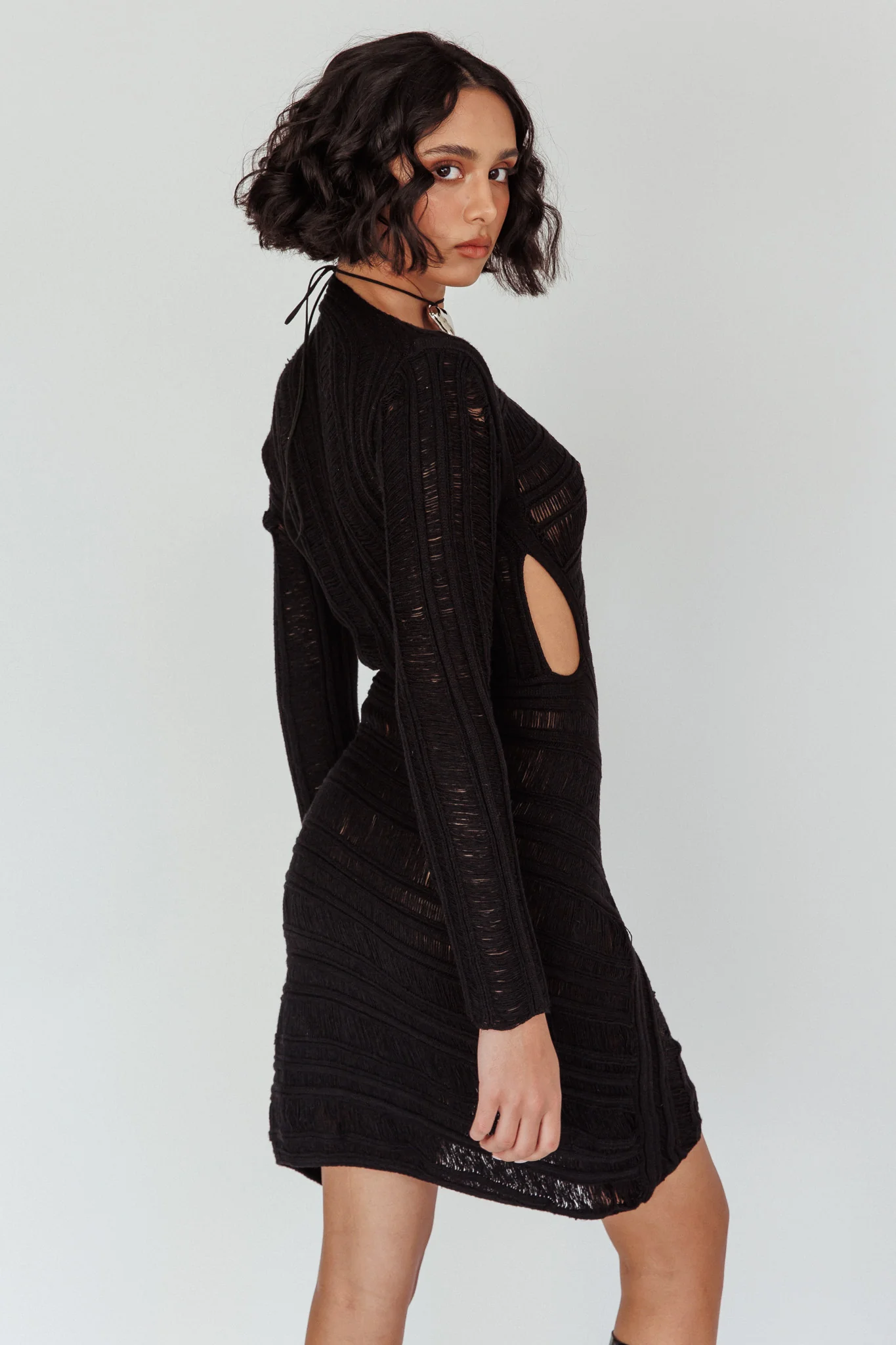 Leyanne Crochet Long Sleeve Cut-Out Mini Dress Black - Sonourner