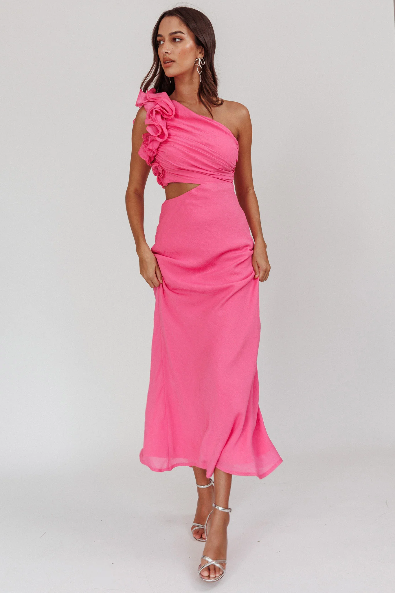 Deanna One-Shoulder Ruffle Maxi Dress Hot Pink - Sonourner