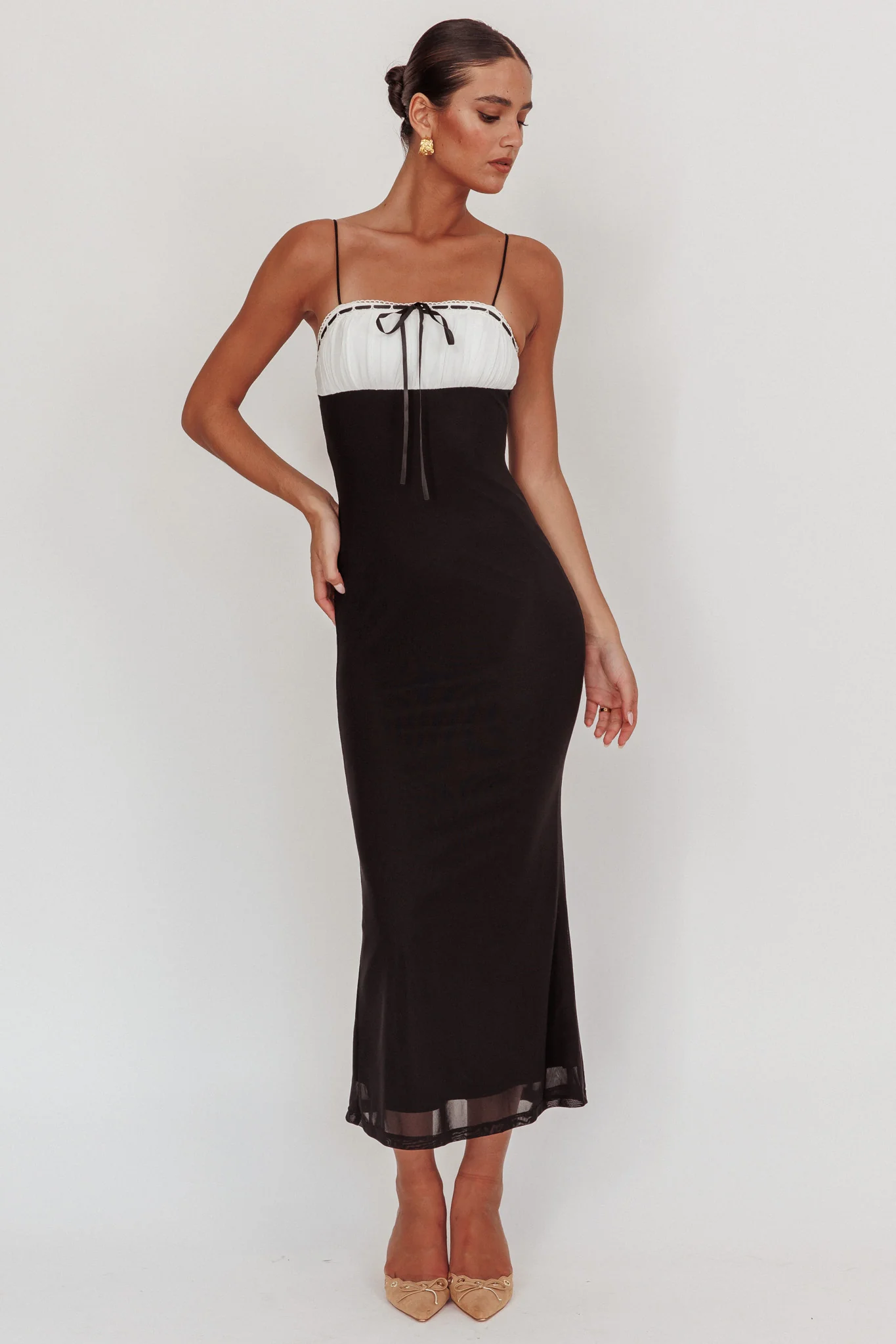 Nerida Bow Bust Mesh Maxi Dress Black - Sonourner