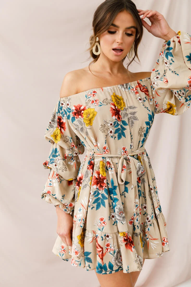 Frida Off-Shoulder Waist Tie Dress Beige - Sonourner