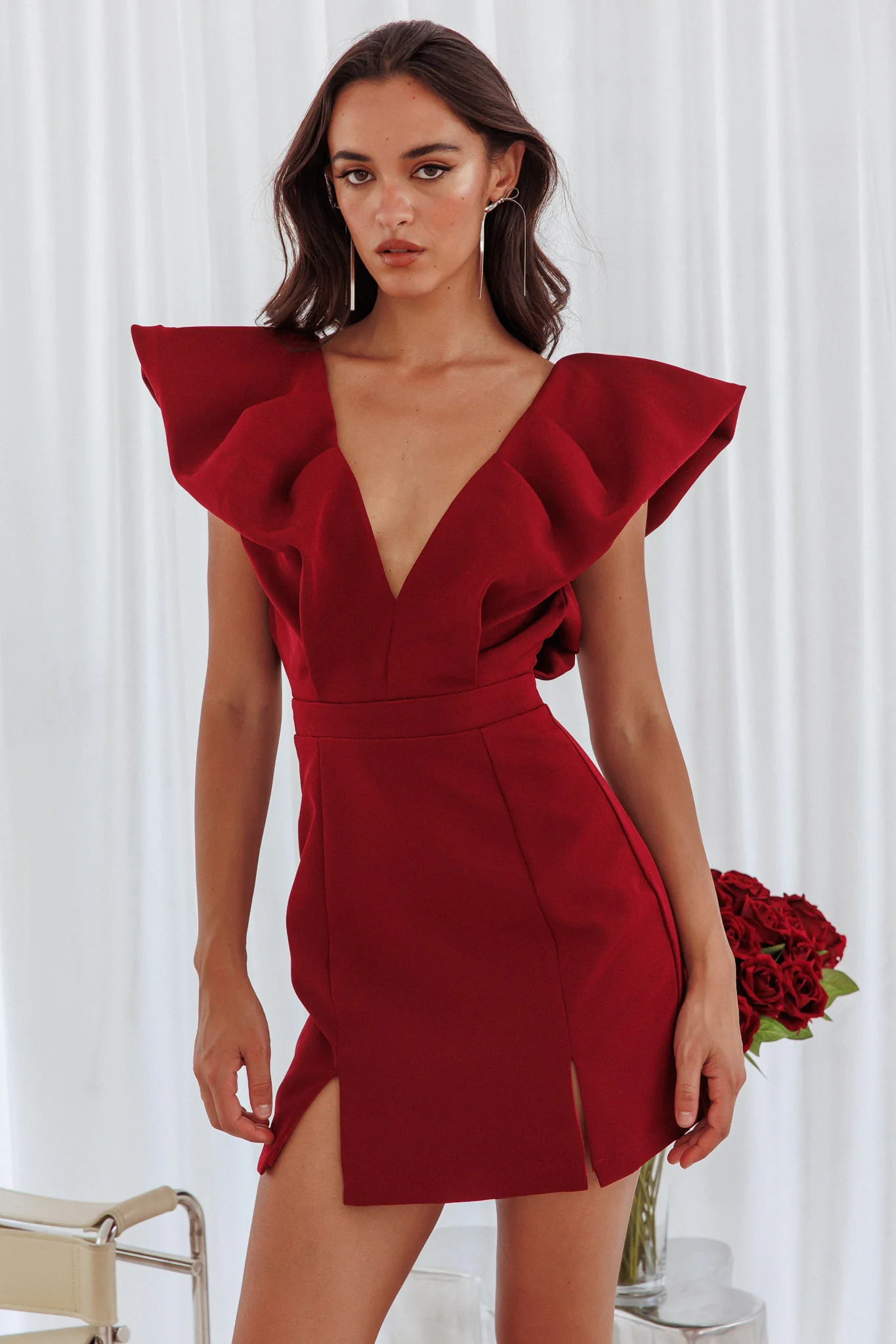 Liardon Bubble Sleeve V-Neckline Mini Dress Wine - Sonourner