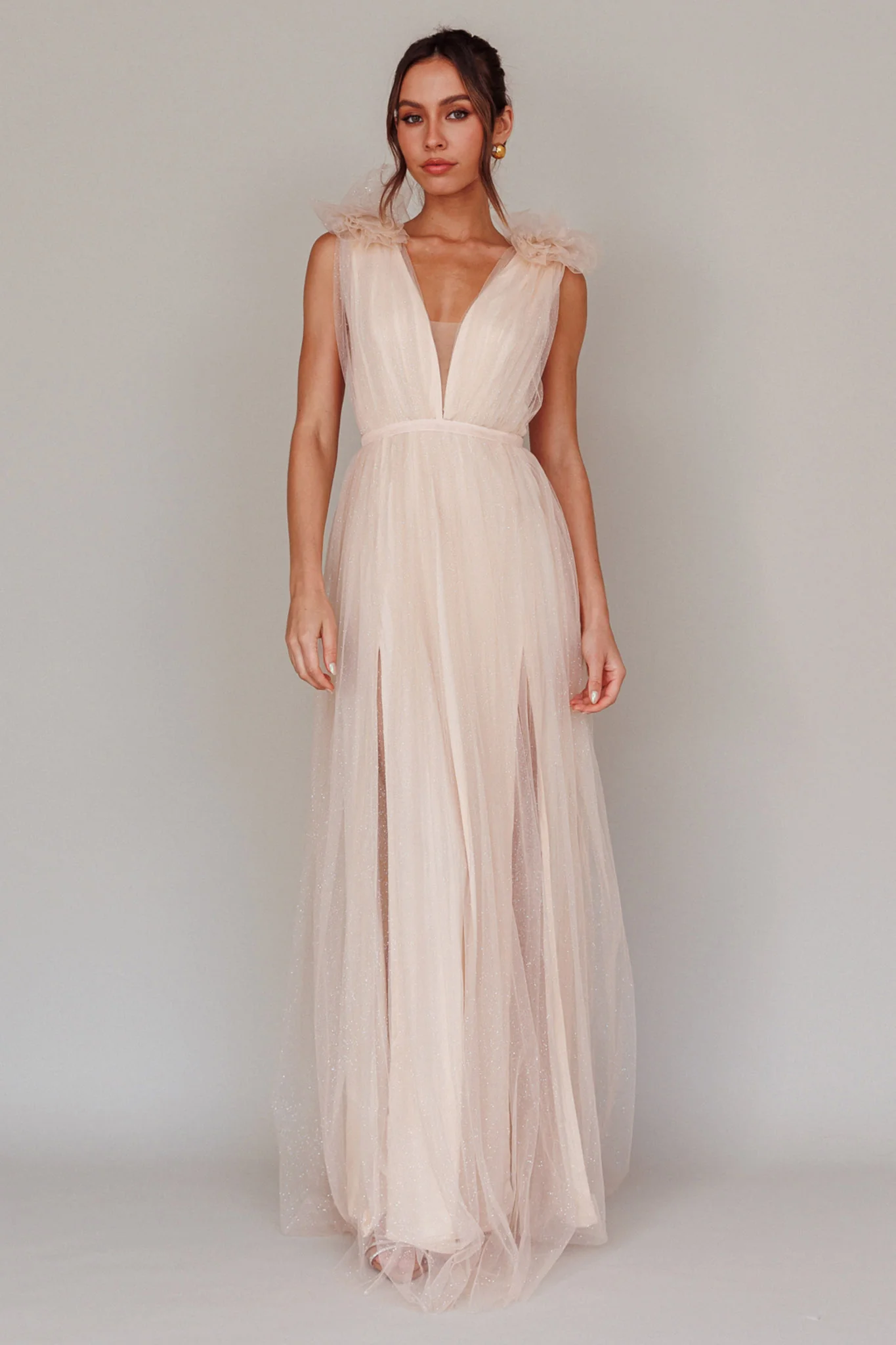 Ludivine Shoulder Accent Mesh Midi Dress Glitter Champagne - Sonourner