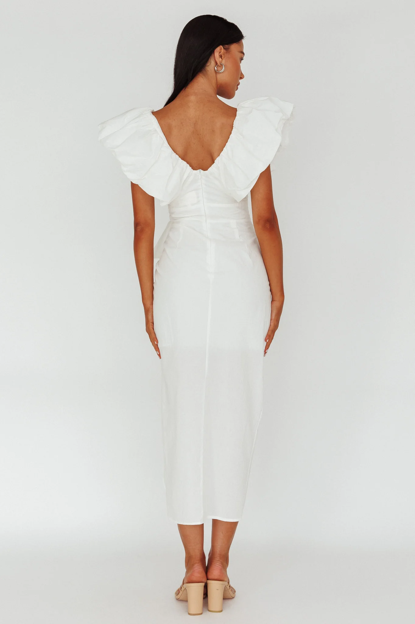 Kahlo Ruffle Neckline Wrap Midi Dress White - Sonourner