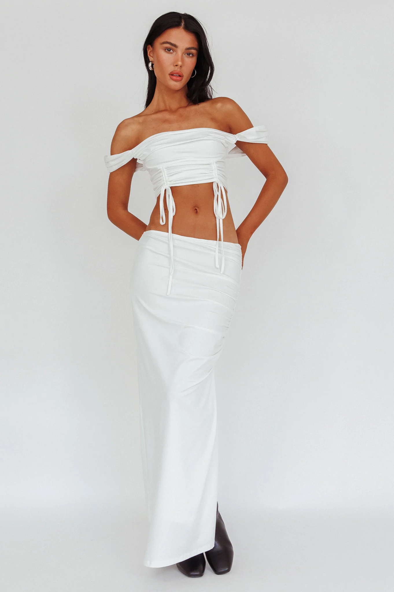 Headliner Ruched Side Maxi Skirt White - Sonourner