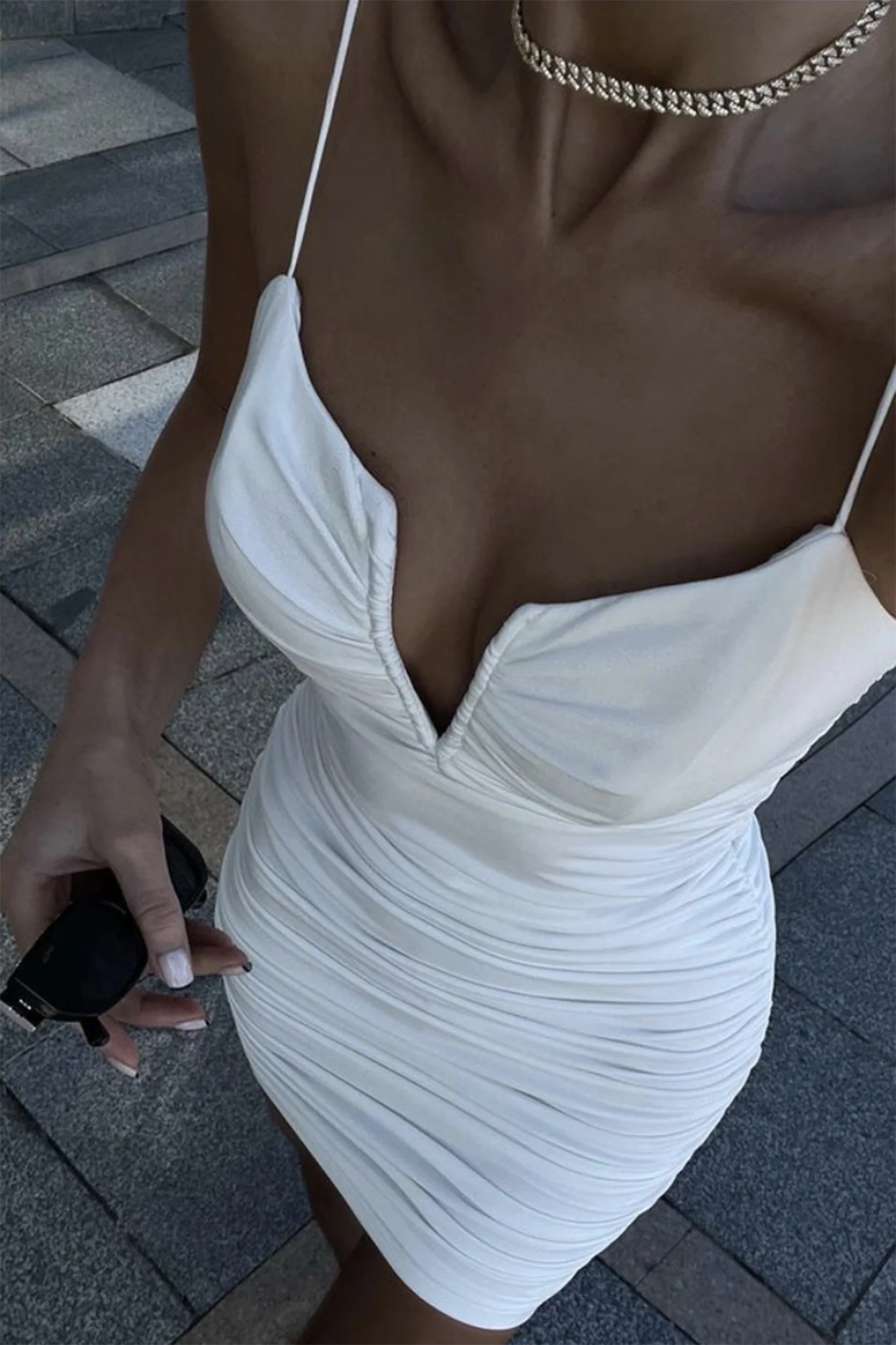 Good Vibes Cami Strap Deep V-Neckline Ruched Mini Dress White - Sonourner