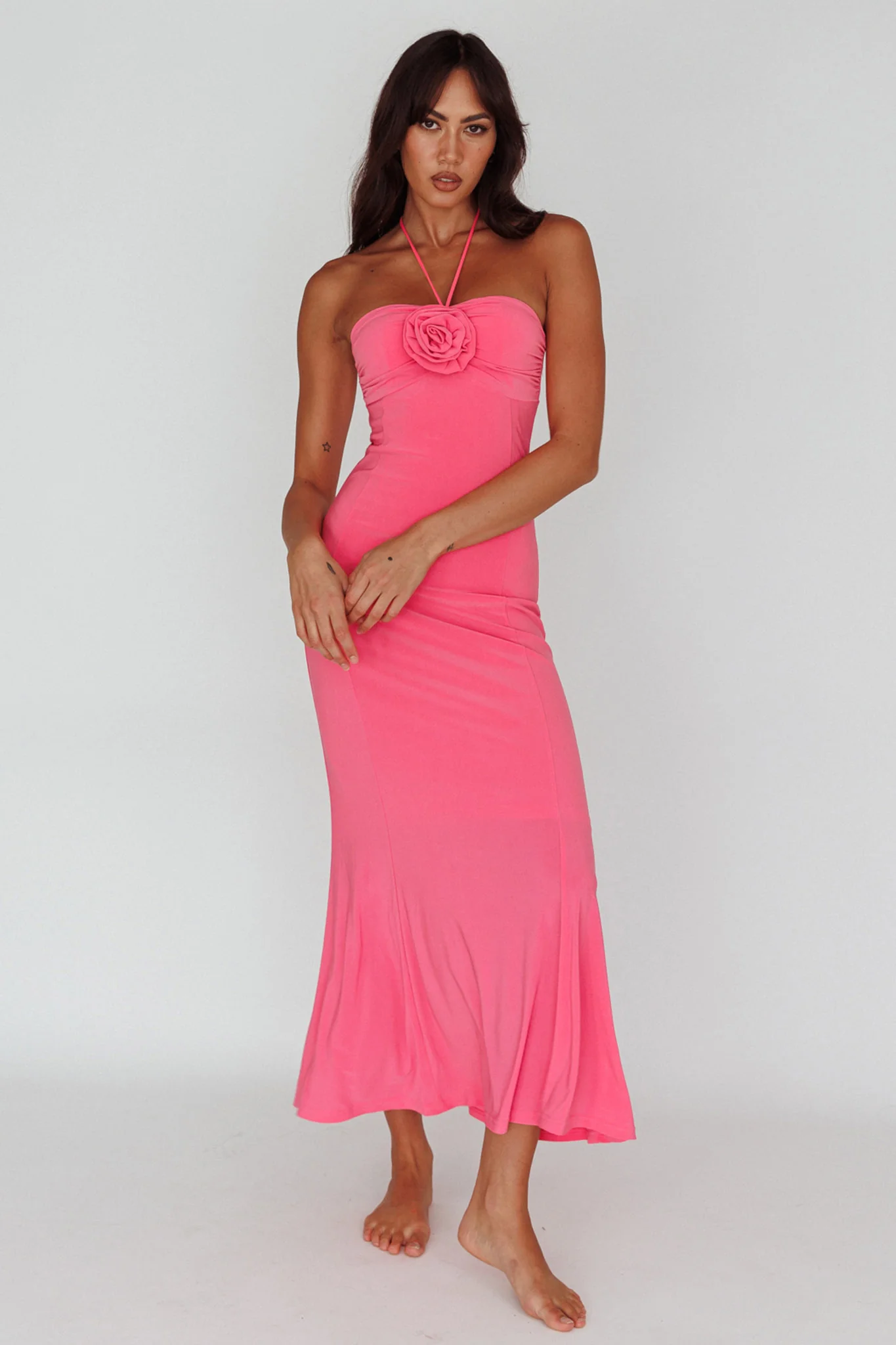 Ibiza Sunset Bust Flower Midi Dress Hot Pink - Sonourner