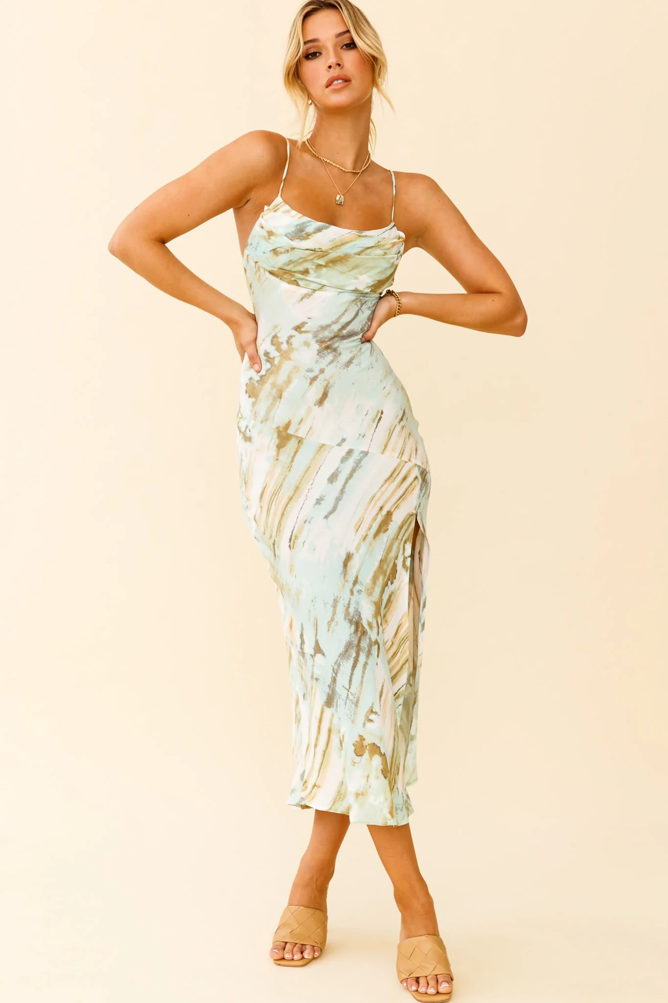 Well Versed Pleated Bust Front Split Dress Mint Multi - Sonourner