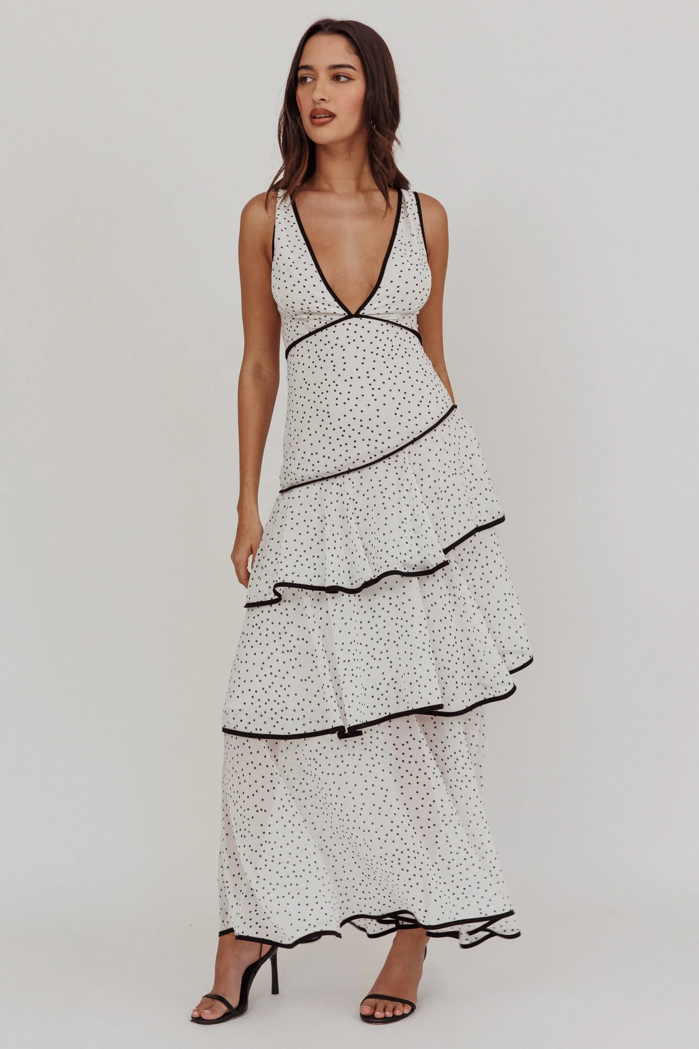 Veda Strappy Back Ruffle Maxi Dress Polka Dot White - Sonourner
