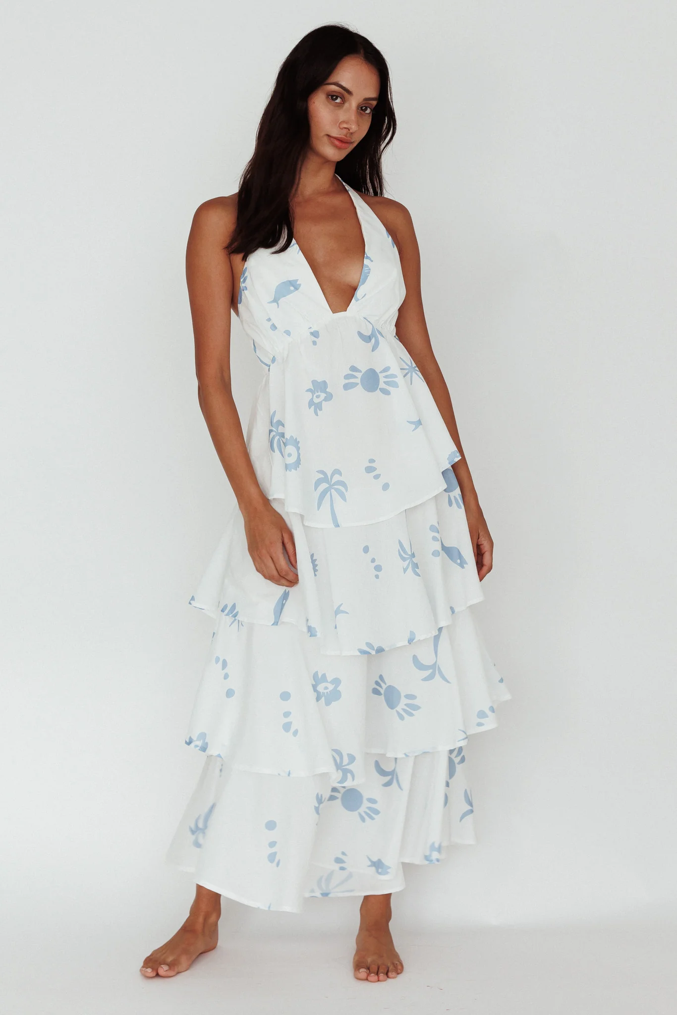 Catalina Tiered Ruffle Maxi Dress White Blue - Sonourner