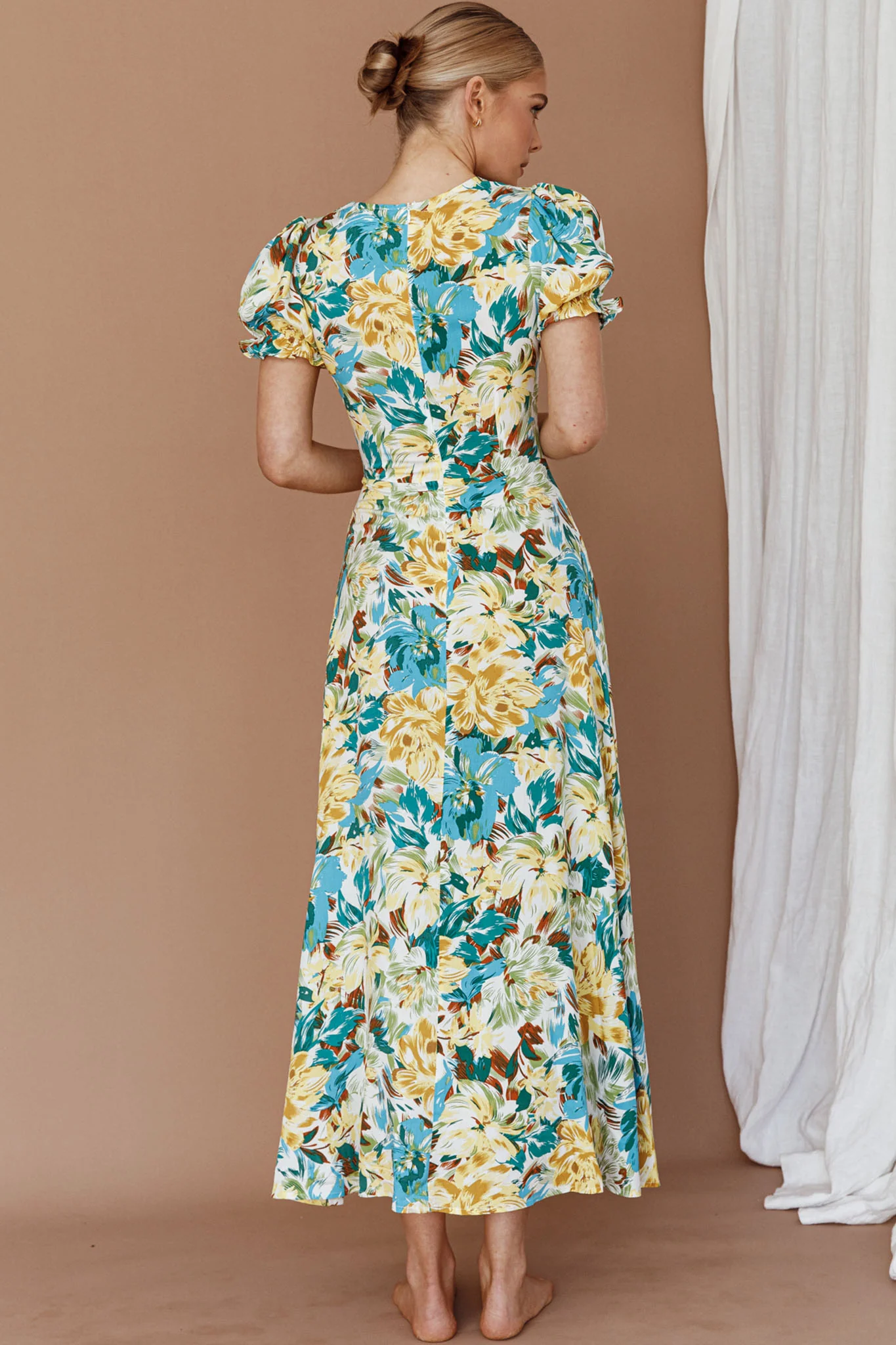 Montebello Puff Sleeve Maxi Dress Floral Blue/Yellow - Sonourner