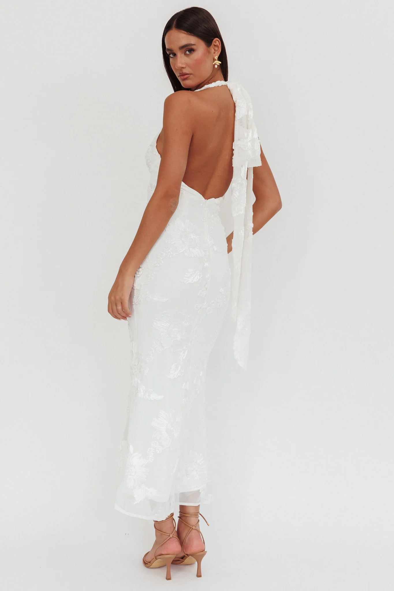 Cipriana Backless Halter Maxi Dress Embellished White - Sonourner