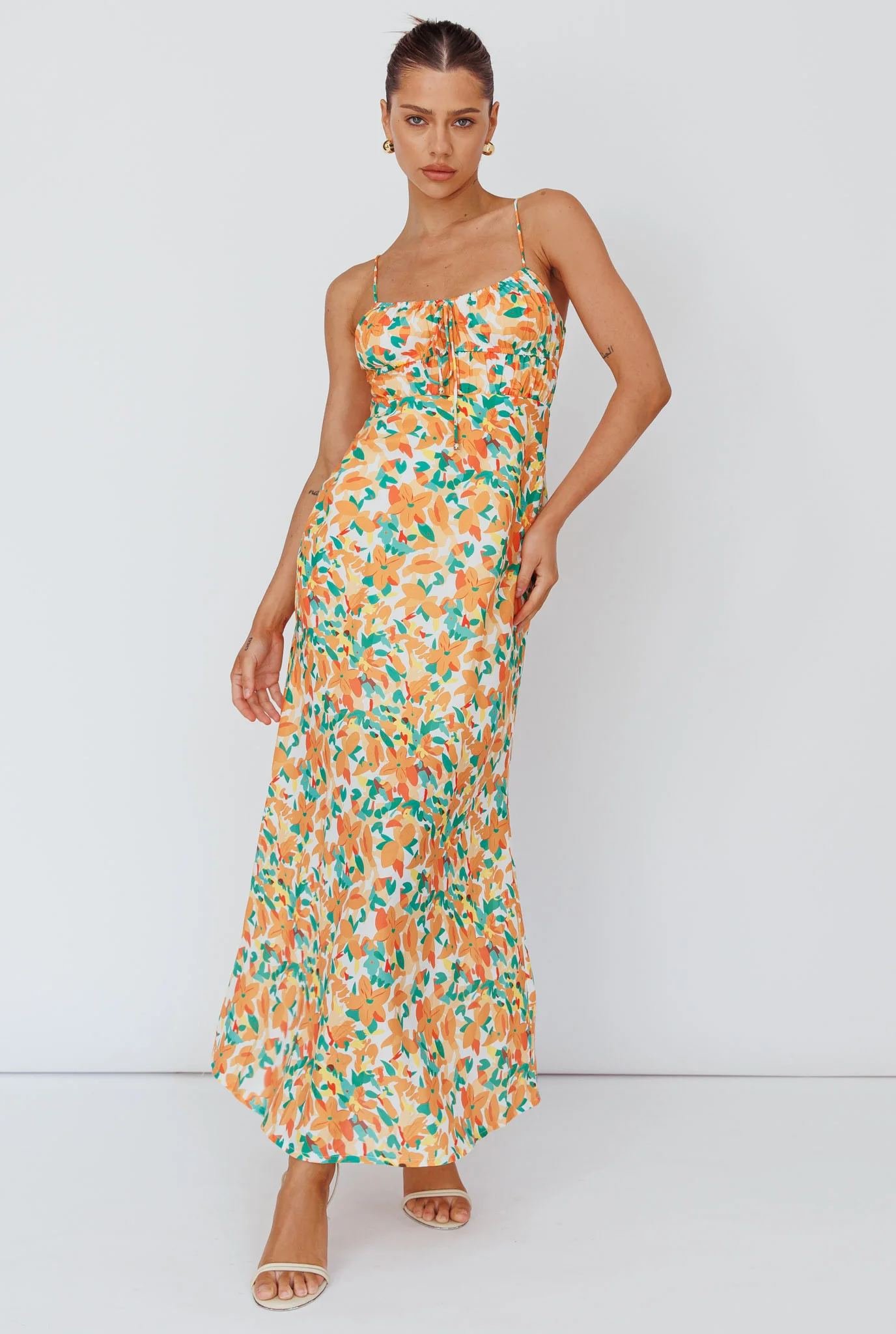 Solstice Noon Tied Bust Midi Dress Print Orange - Sonourner