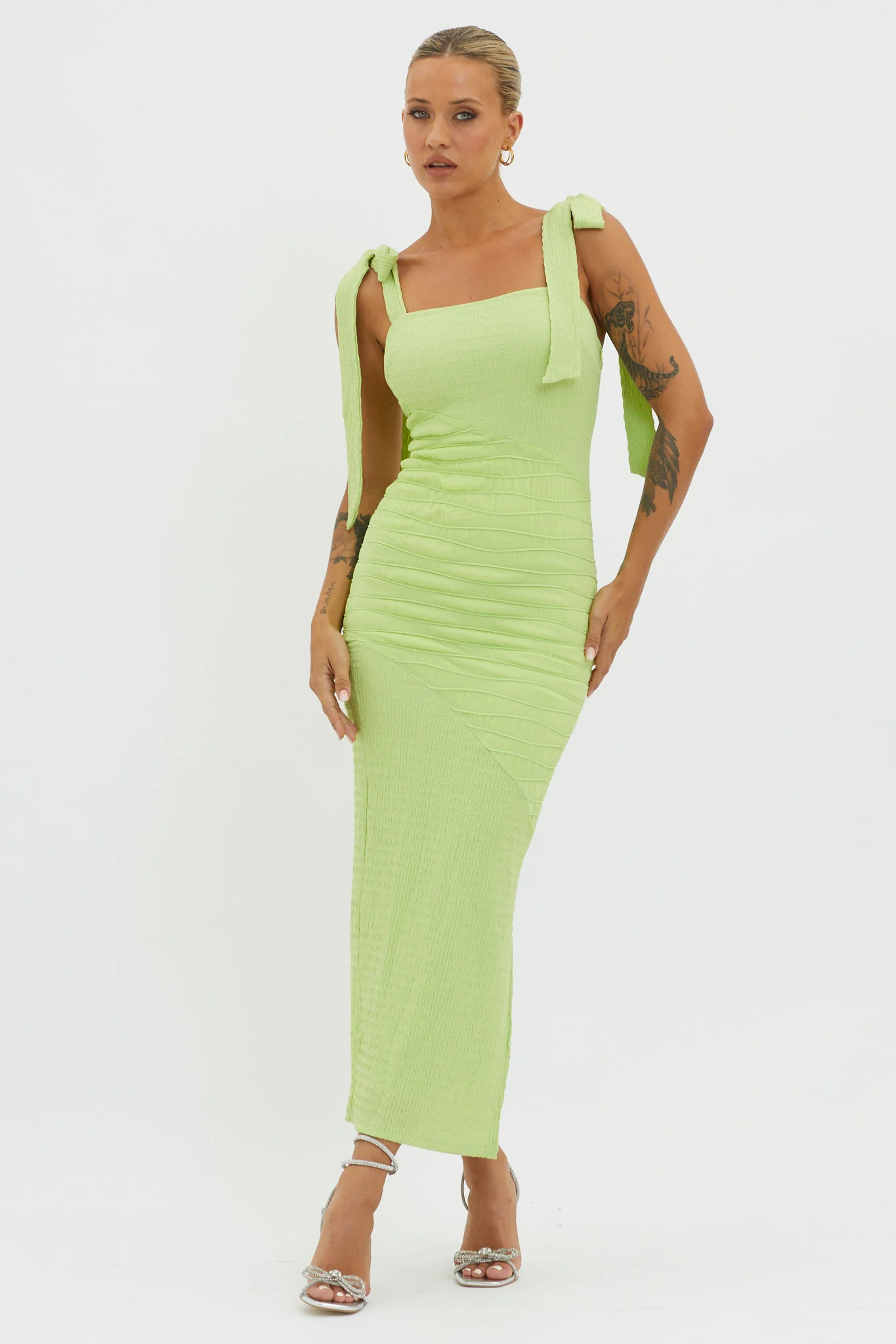 Bindi Puckered Tied Strap Dress Green - Sonourner