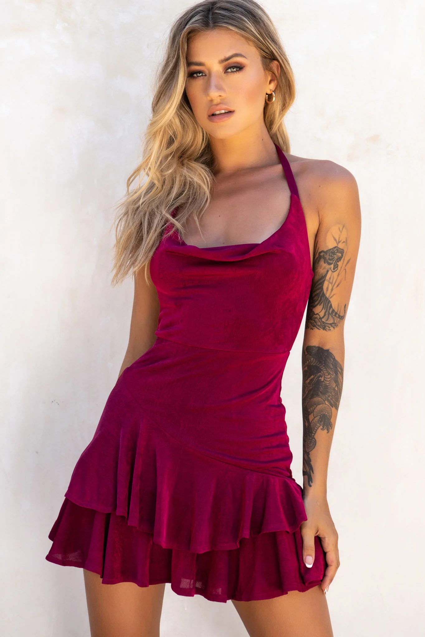 Bring On The Night Cowl Halterneck Dress Plum - Sonourner