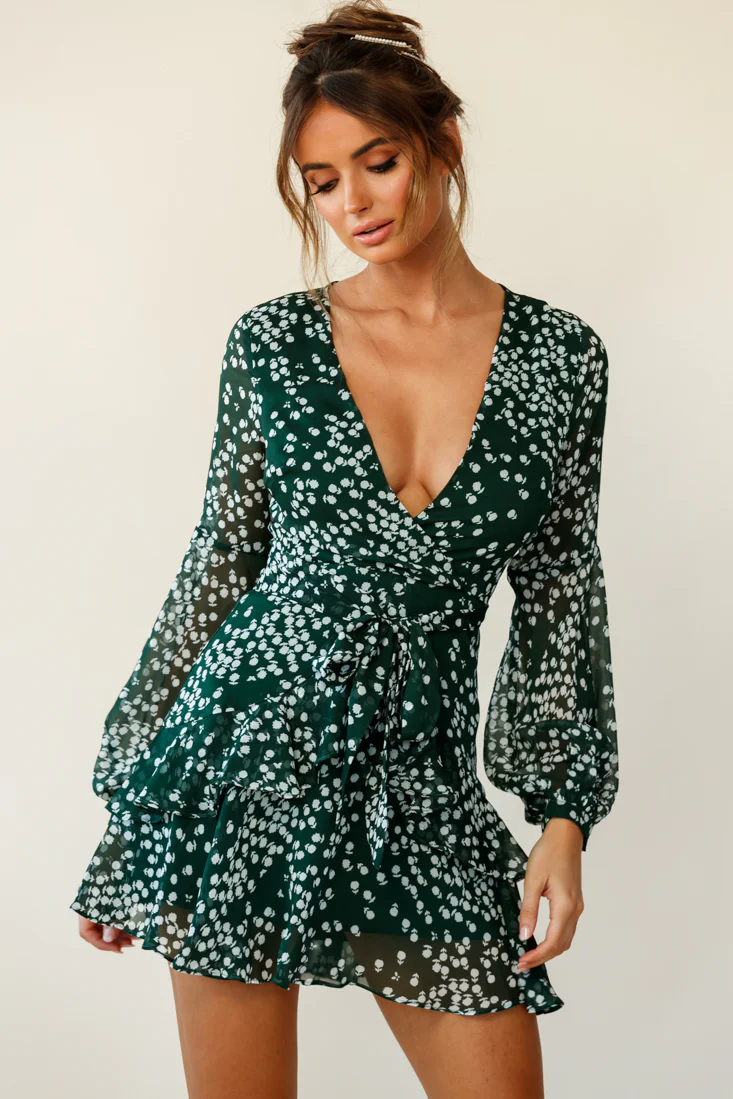 Kerry Layered Balloon Sleeve Dress Flower Print Forest Green - Sonourner