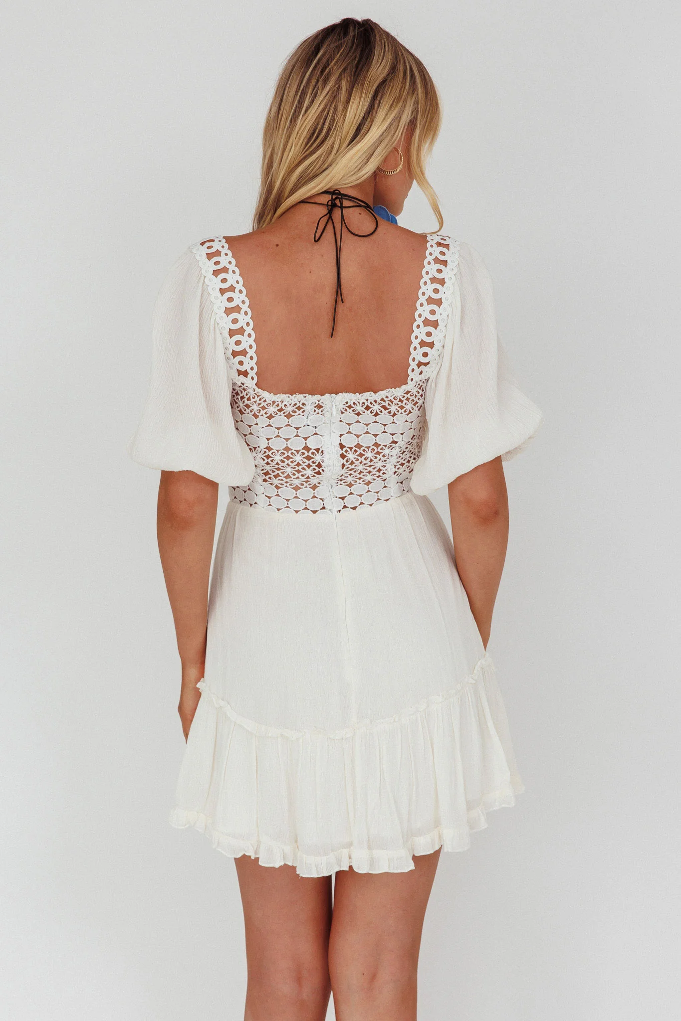 Golden Hour Lace-Up Front Crochet Dress White - Sonourner