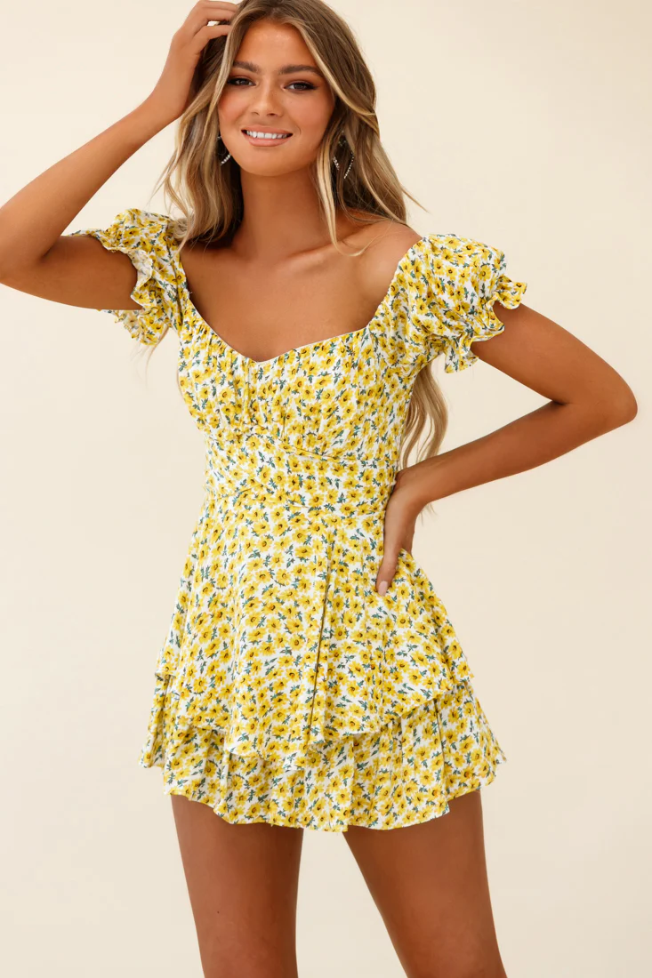 Linka Off-Shoulder Tie Back Romper Sunflower Print Yellow - Sonourner