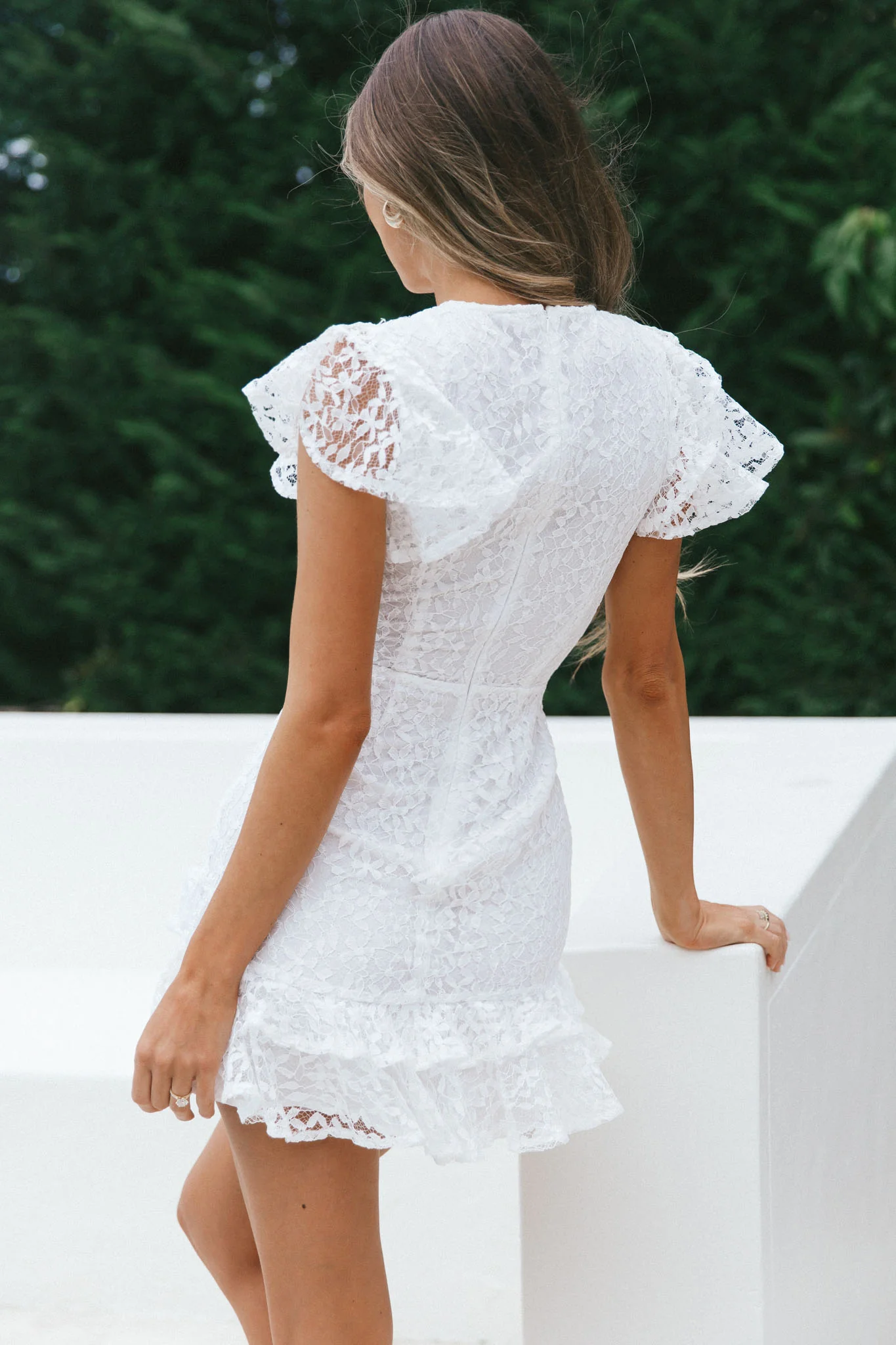 Lark Crew Neck Ruffle Sleeve Dress Lace Overlay White - Sonourner