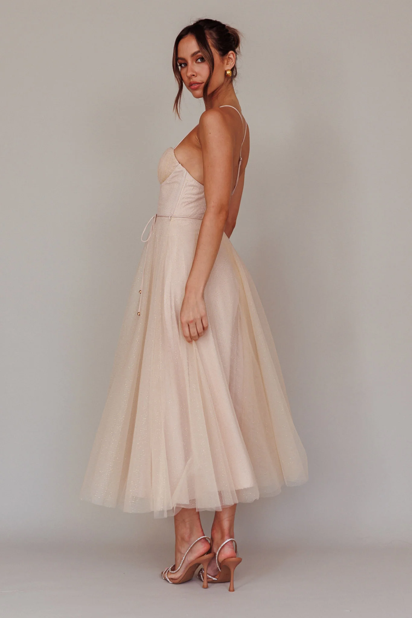 Smitten Sweetheart Neckline Chiffon Midi Dress Champagne - Sonourner