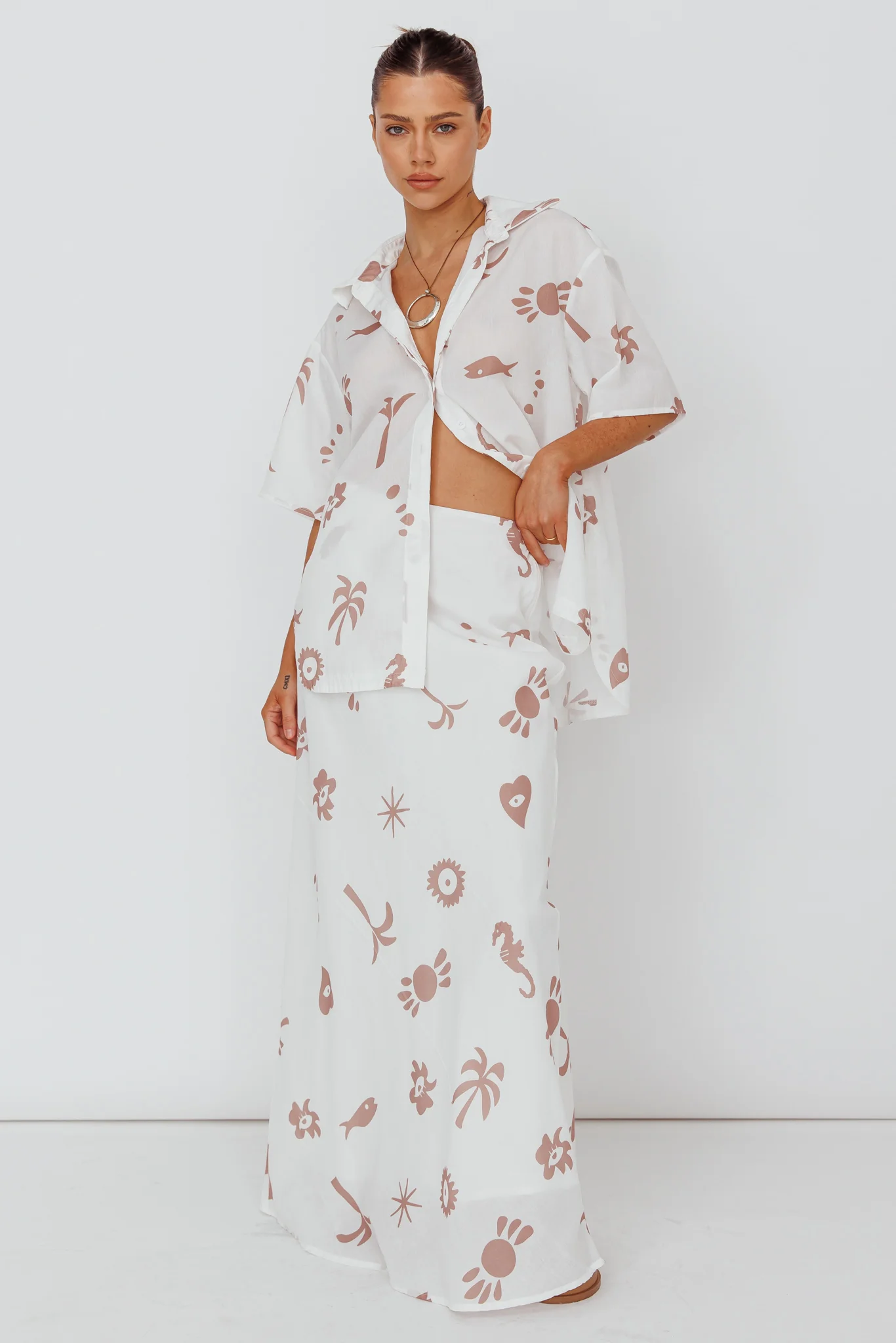 Light Aura Maxi Skirt Print White Tan - Sonourner