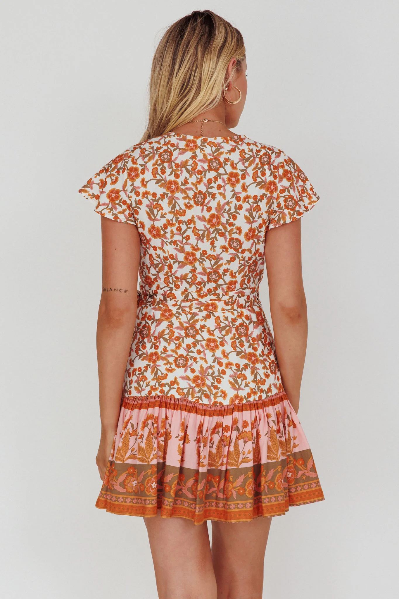 Mayan Angel Sleeve Waist Tie Wrap Dress Floral White/Pink - Sonourner