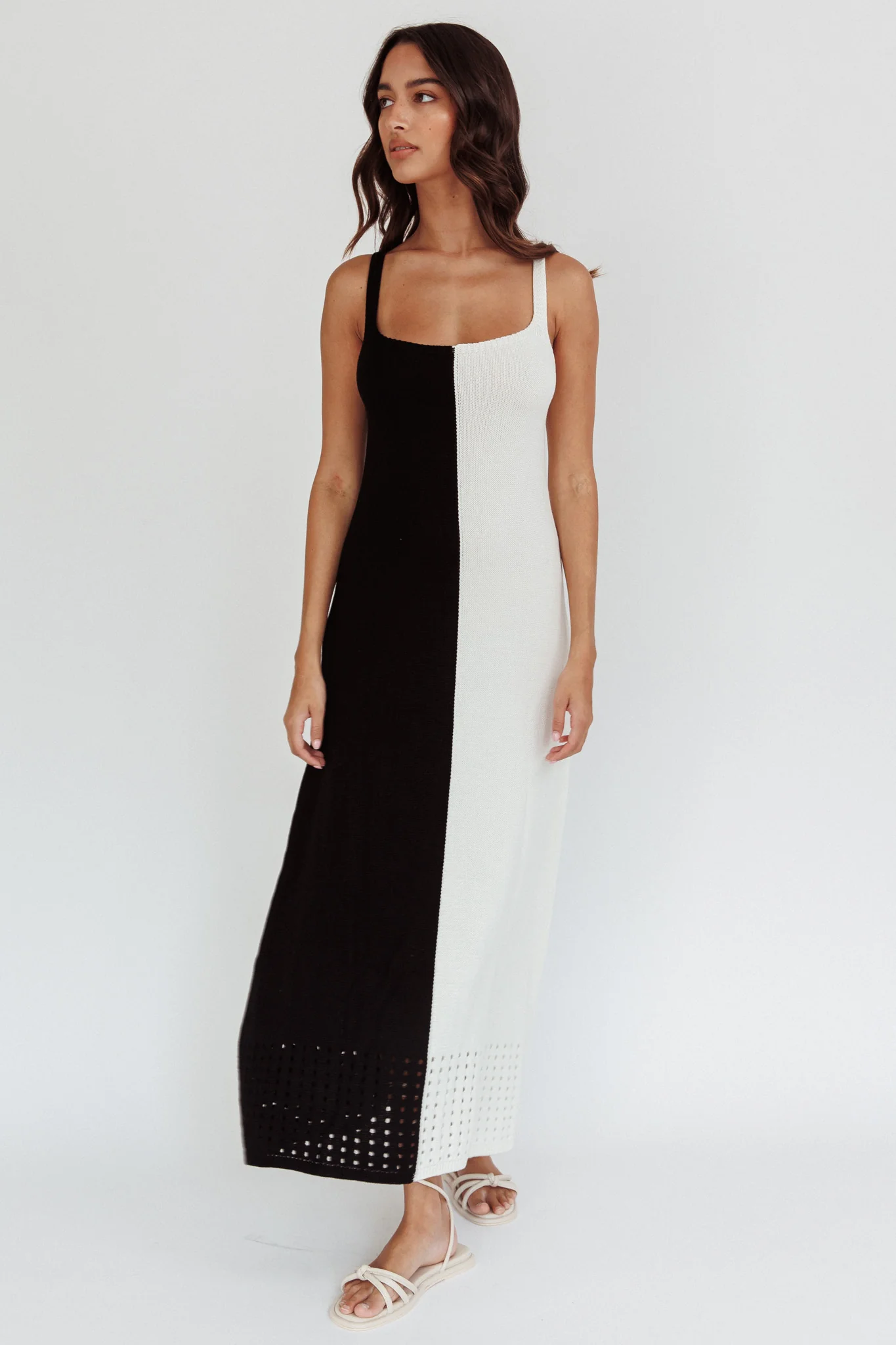 Sunday Fun Day Knit Maxi Dress Black Cream - Sonourner