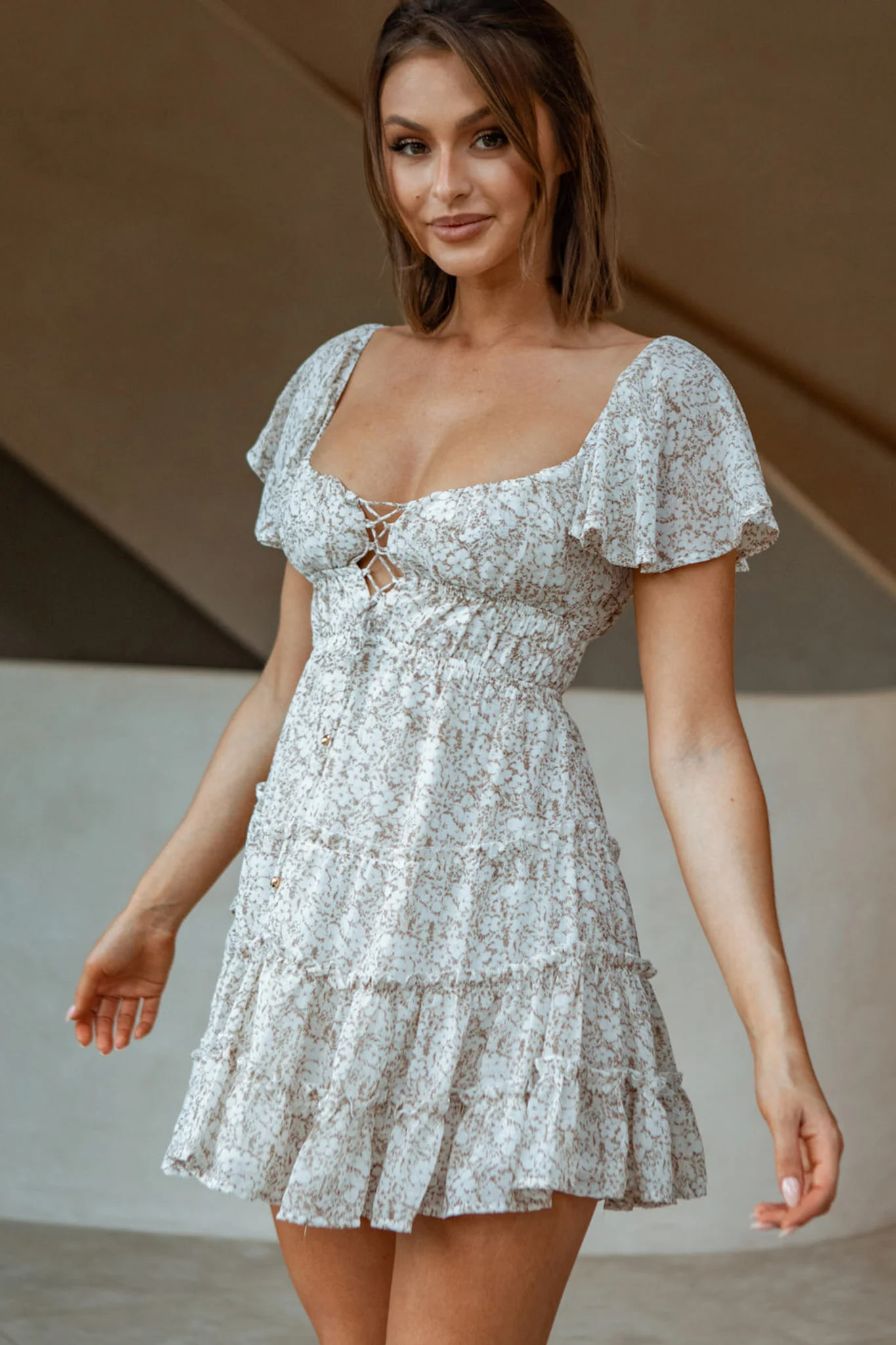 Josephina Lace-Up Front Flutter Sleeve Dress Floral Print Beige - Sonourner