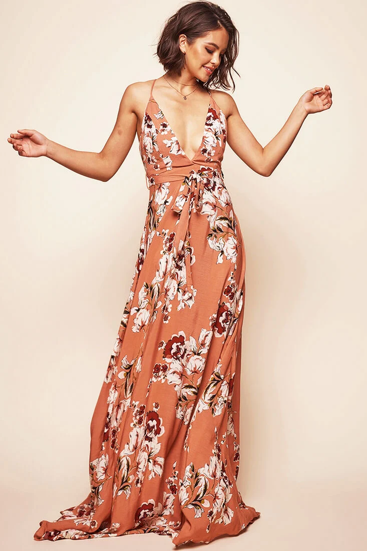 Calabasas Floral Waist Tie Maxi Dress Rose - Sonourner