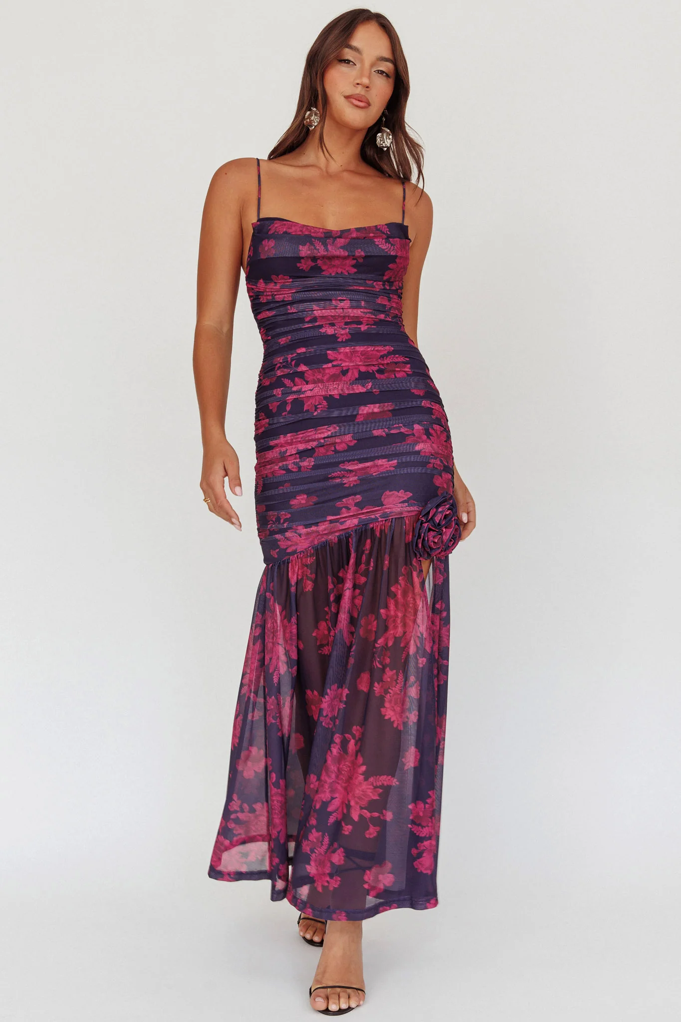 Stole The Show Ruched Mesh Maxi Dress Floral Grape - Sonourner