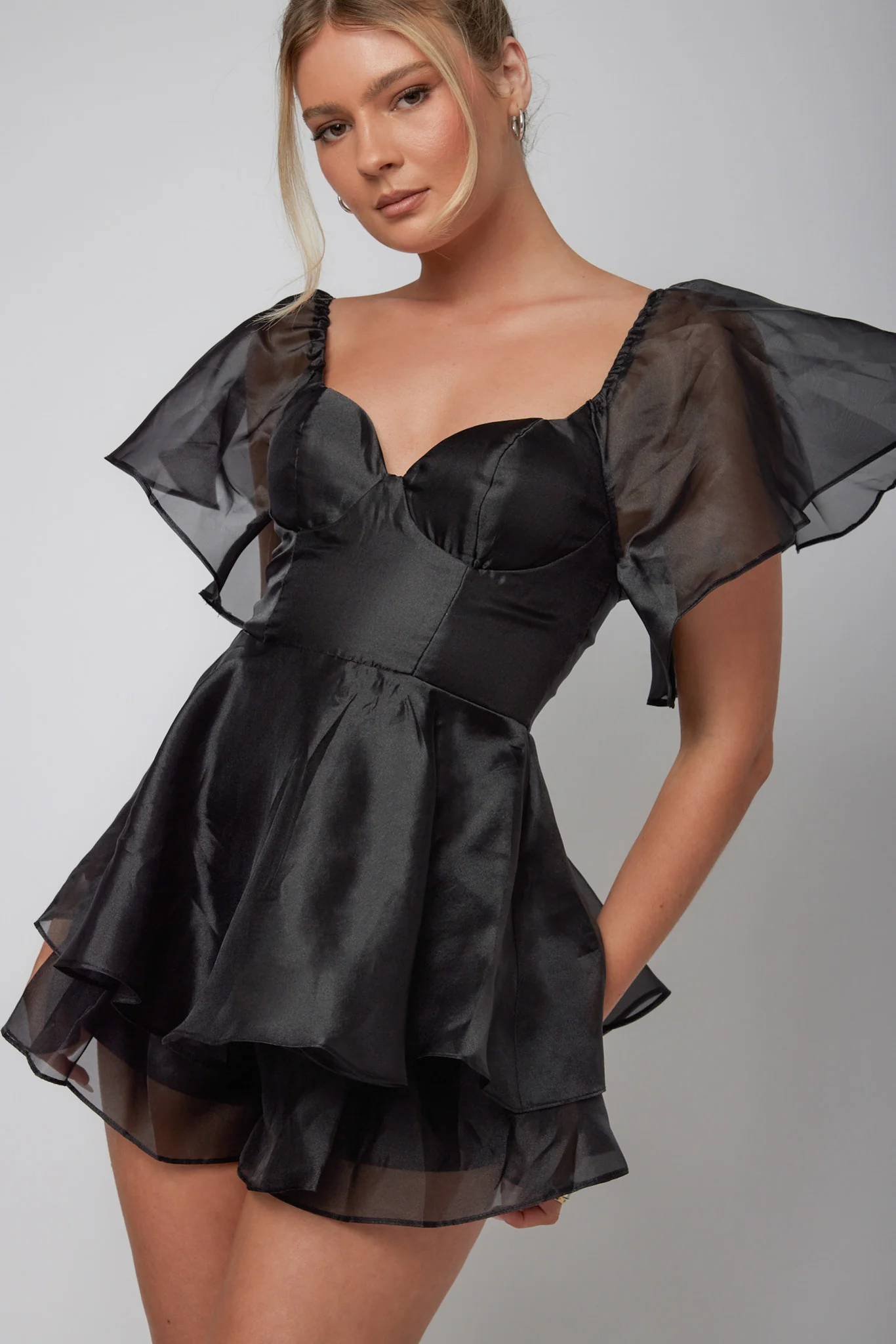 Aphrodite Angel Sleeve Layered Romper Black - Sonourner