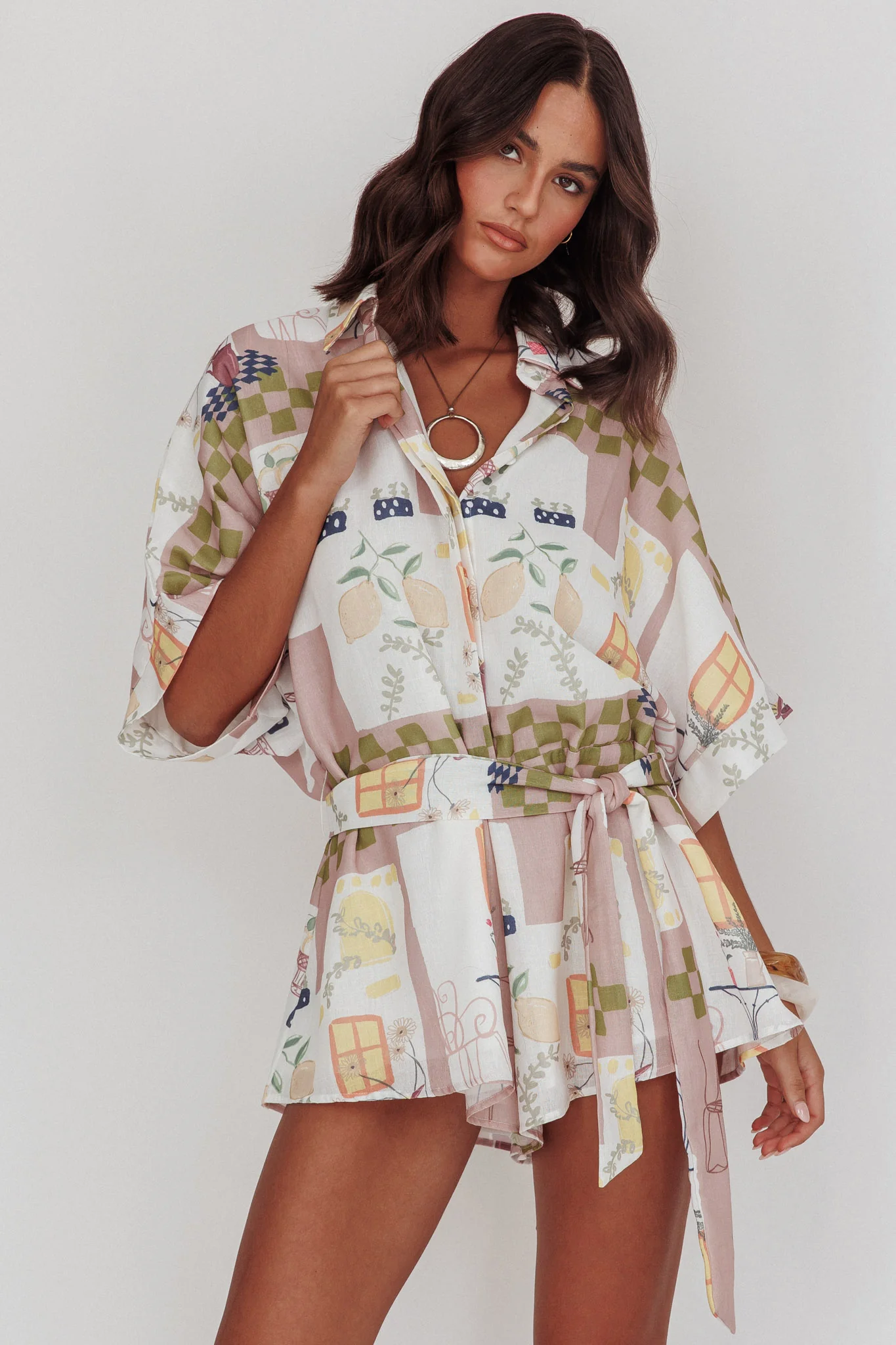 Daytona Beach Button-Up Romper Euro Print Olive - Sonourner