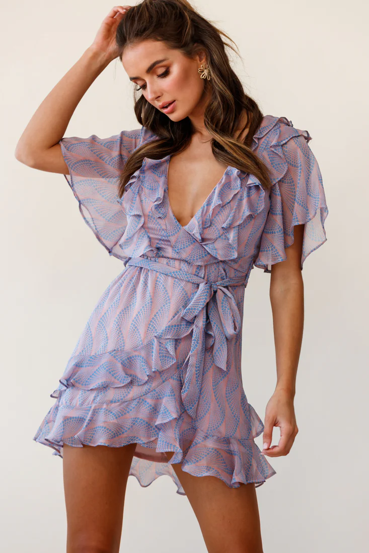 Sweet Talk Short Sleeve Ruffle Detail Dress Dot Pattern Rose/Blue - Sonourner