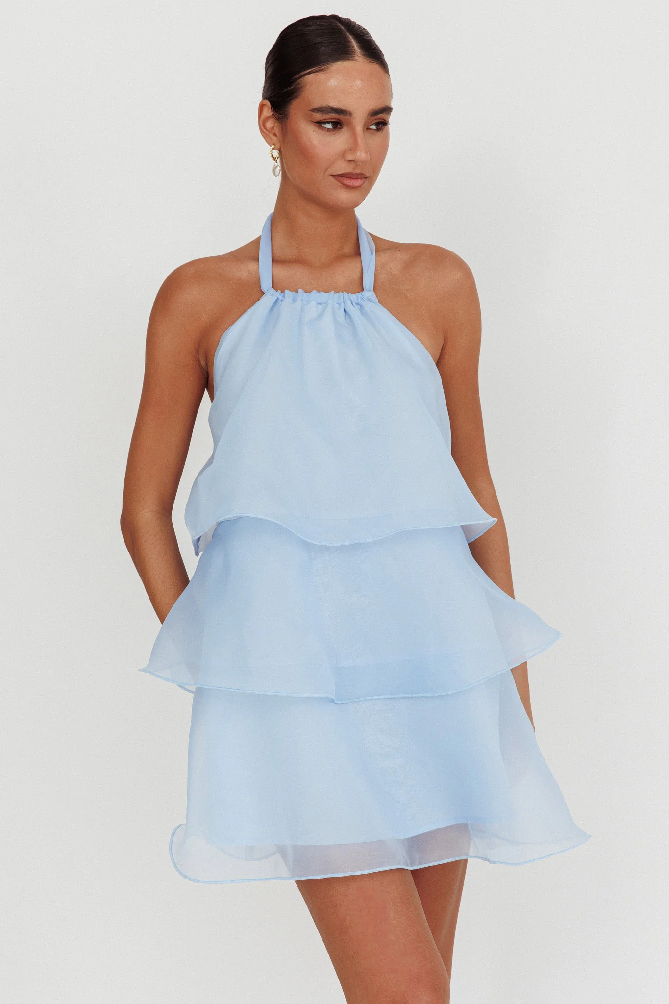 Tulips Tiered Halterneck Mini Dress Baby Blue - Sonourner