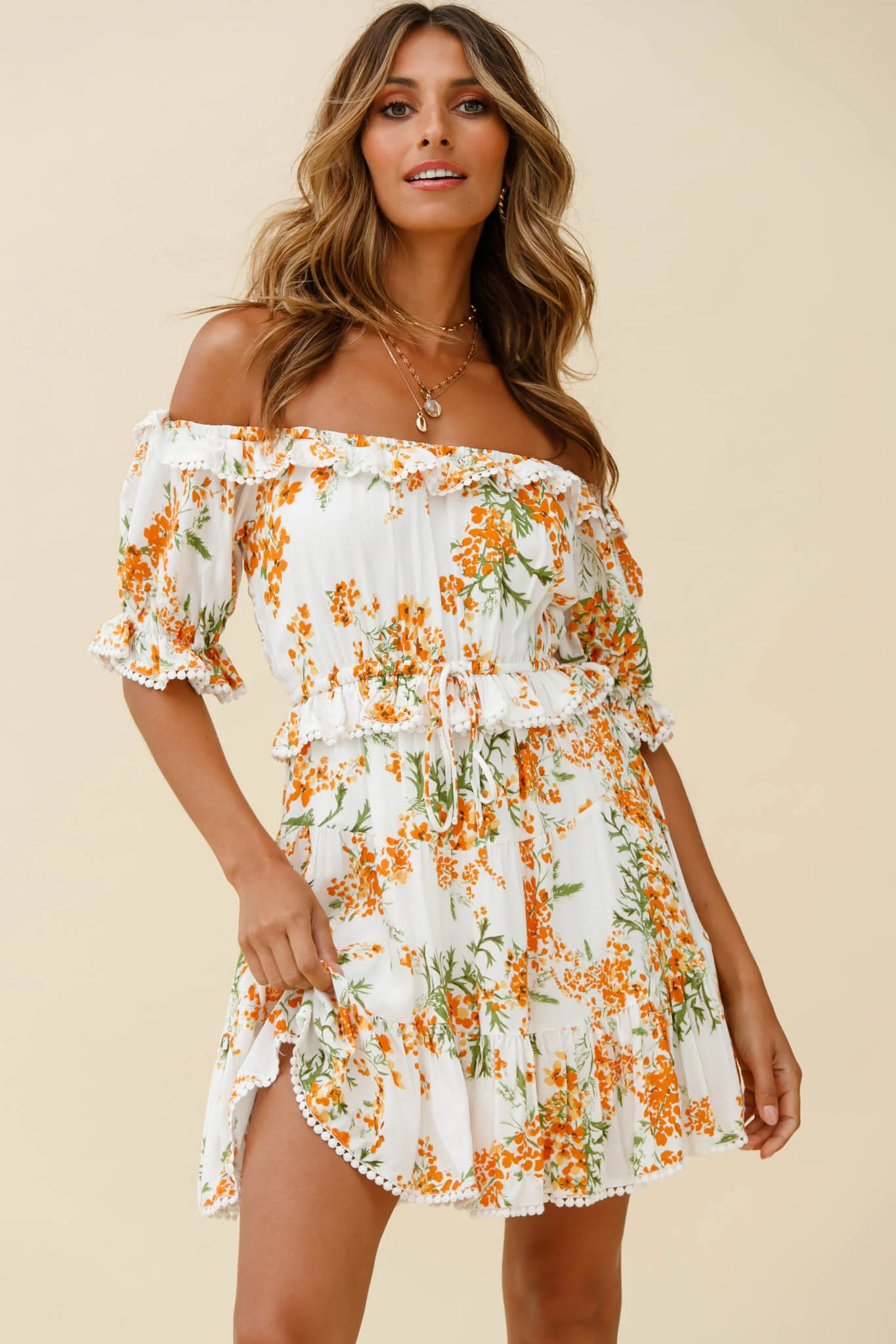 Sierra Bonita Off-Shoulder Drawstring Waist Dress Floral Print Orange Multi - Sonourner