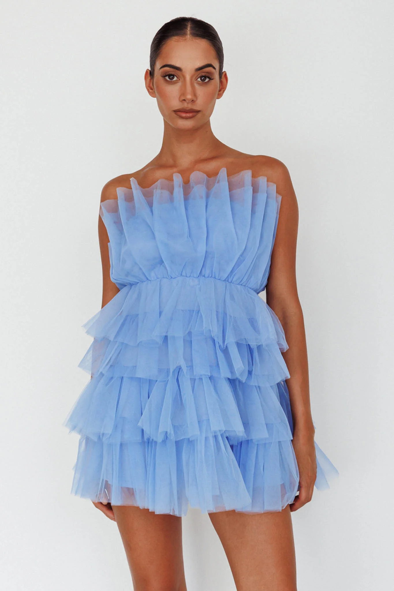 Bon Bon Tiered Mesh Mini Dress Steel Blue - Sonourner