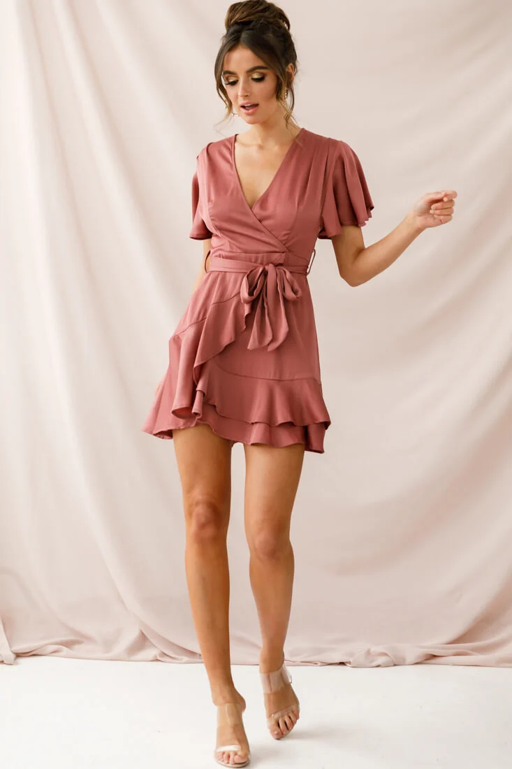 Cami Angel Sleeve Faux Wrap Dress Rose - Sonourner